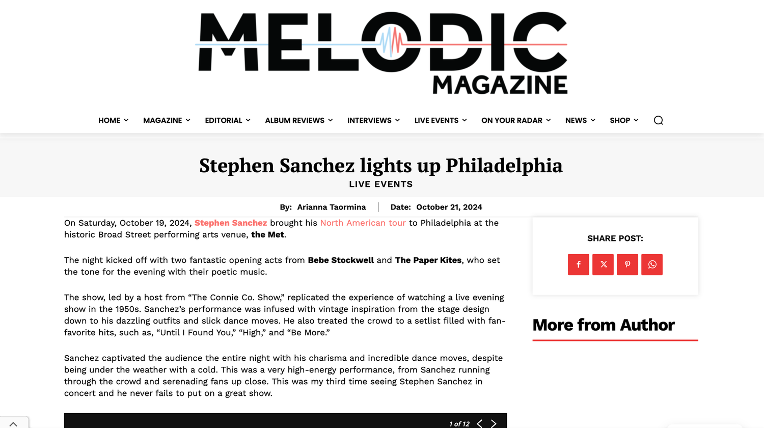 Melodic Magazine article about Stephen Sanchez lights up Philadelphia live event review page.