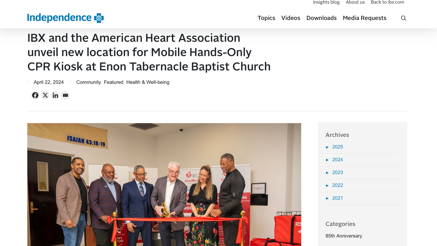 IBX and American Heart Association unveil new CPR Kiosk location at Enon Tabernacle Baptist Church ribbon cutting.