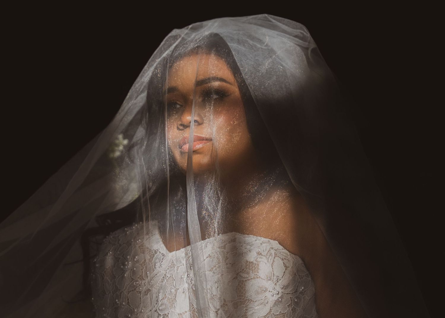 Artistic portrait of a bride with a sheer veil draped over her face against a dark background.