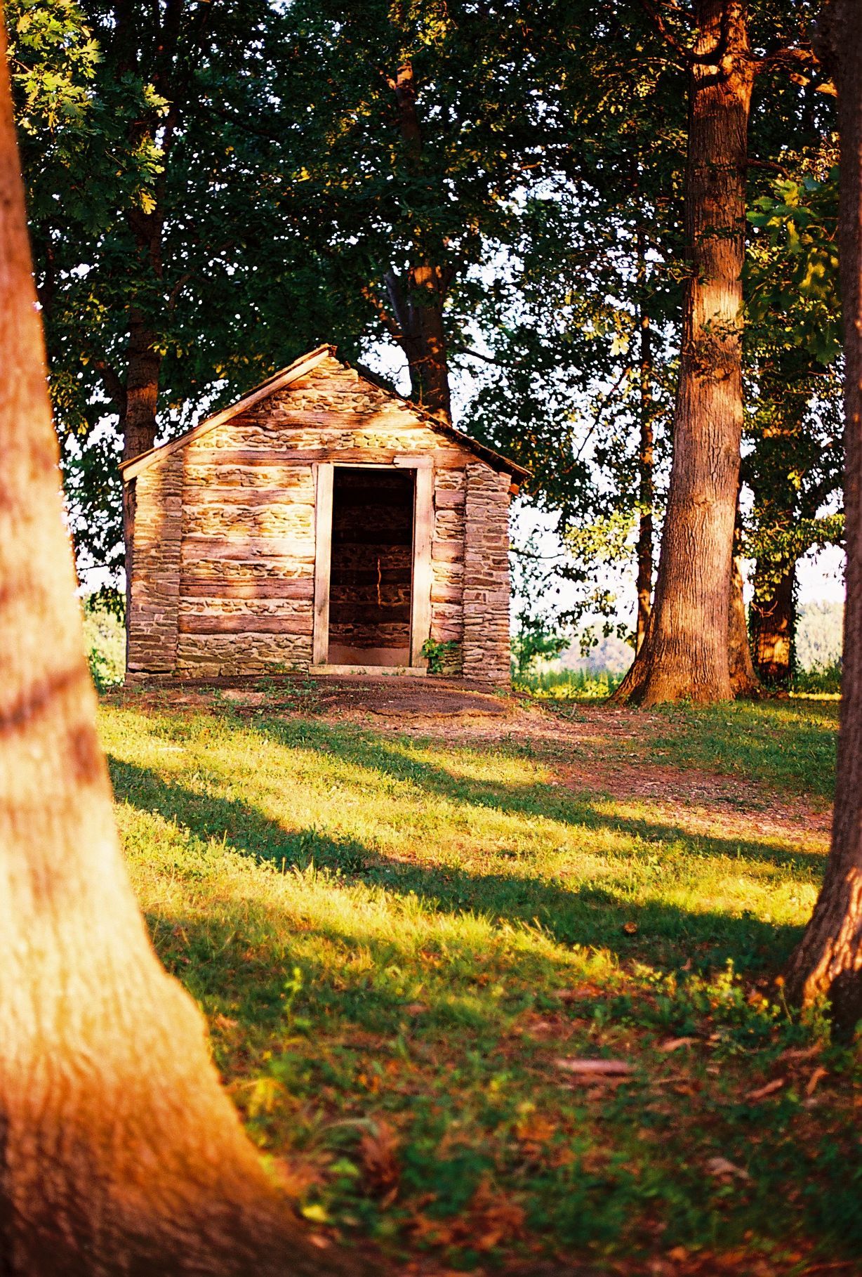 Rustic stone cabin surrounded by tall trees casting long shadows on lush green grass in warm golden sunlight.