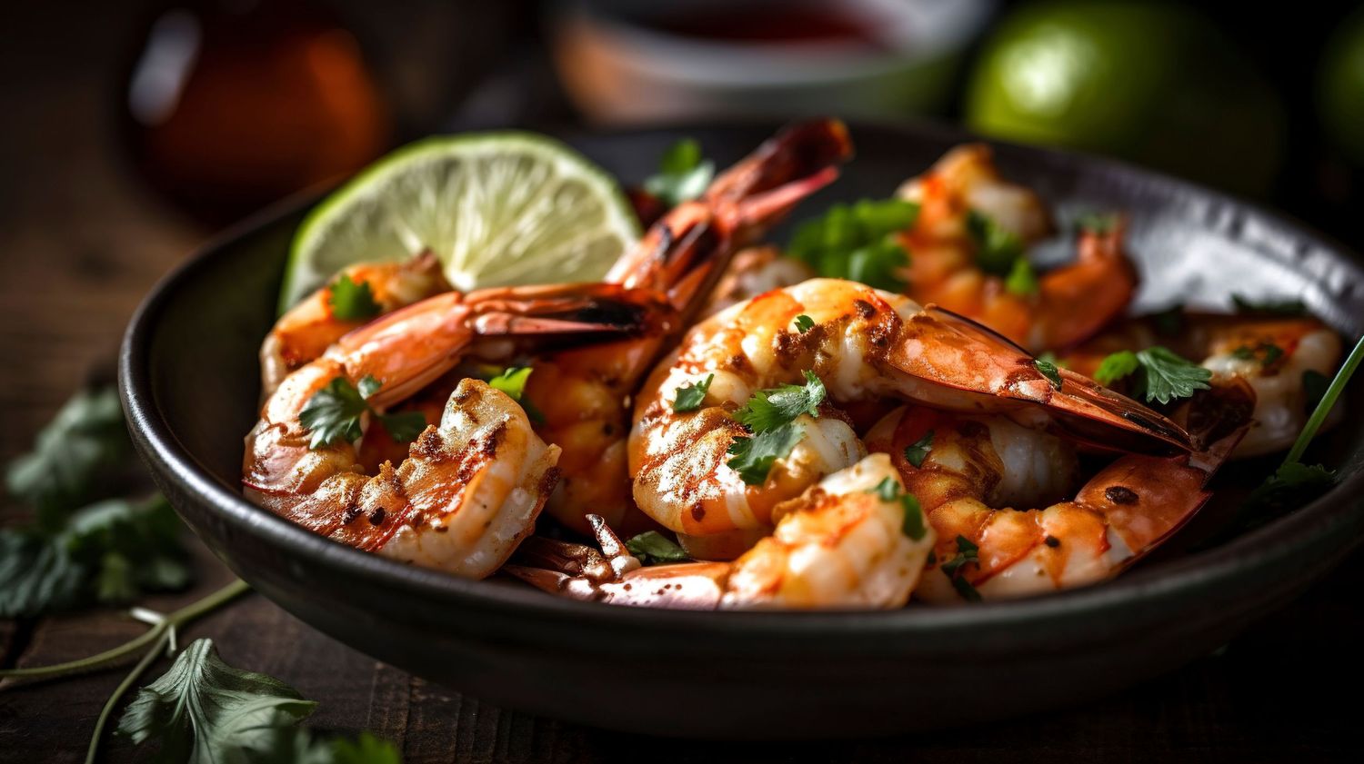 Fresh shrimp and seafood dishes arranged with garnishes and sauces.