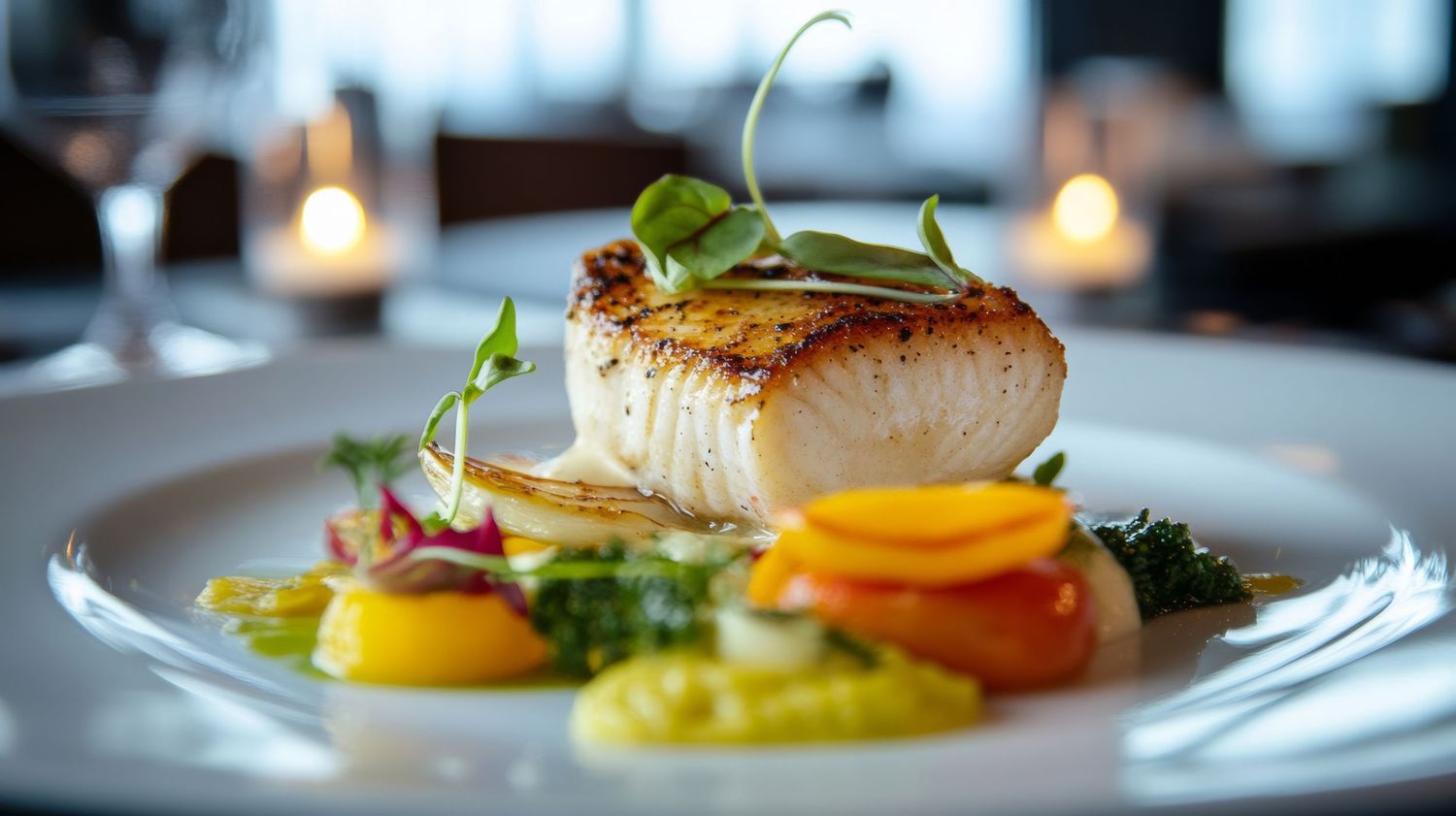 Elegant plated dishes with colorful garnishes in fine dining setting.