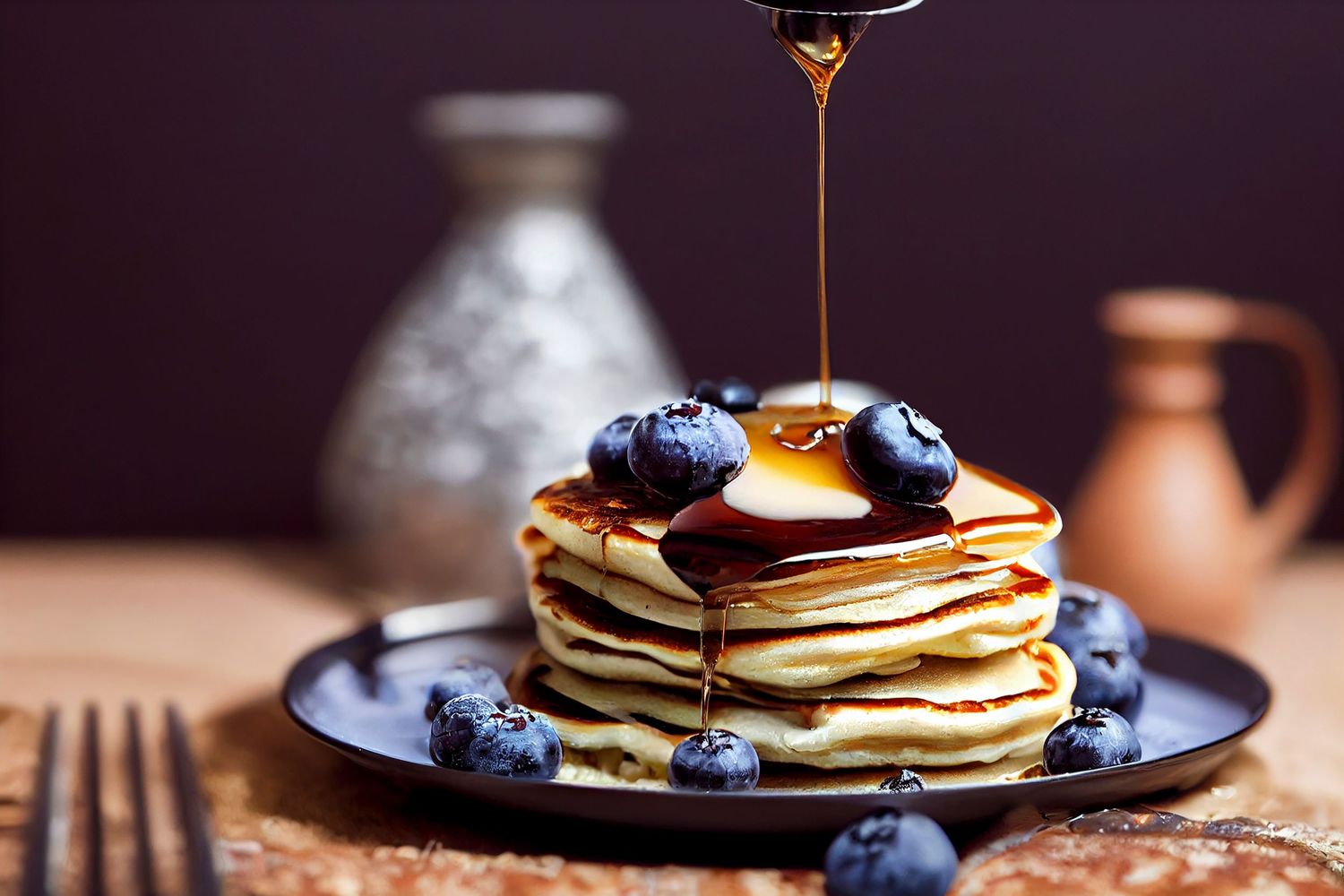 Stack of fluffy pancakes with maple syrup and fresh blueberries on dark plates.