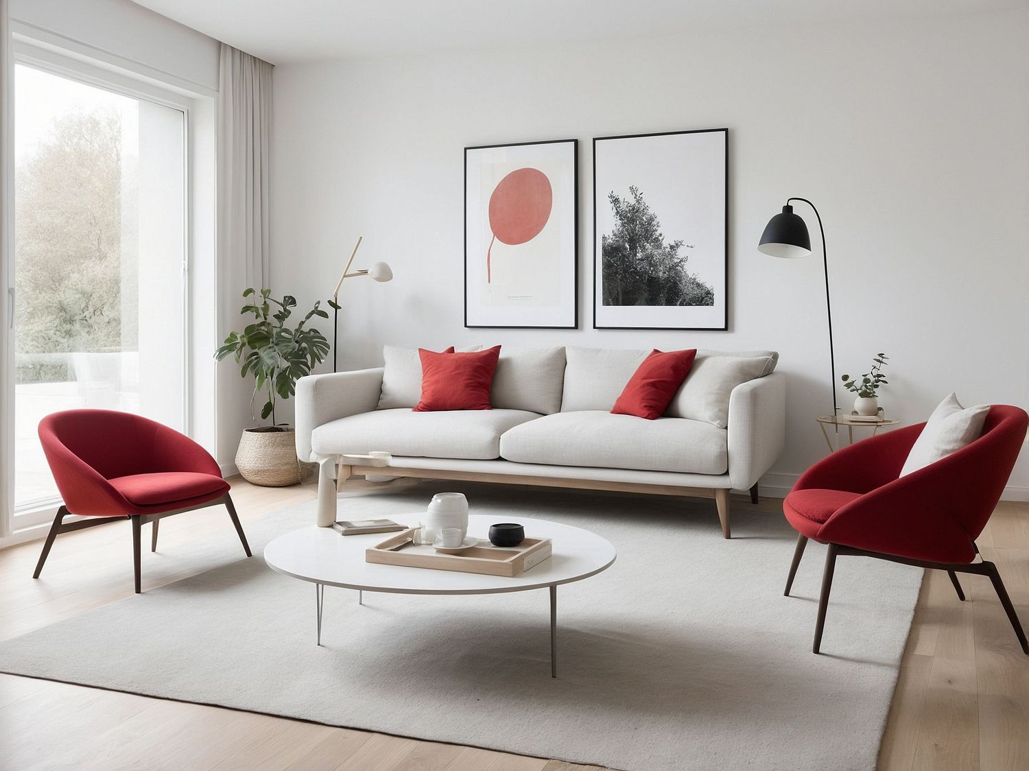 Minimalist living room featuring white sofa and red accent chairs with large windows.