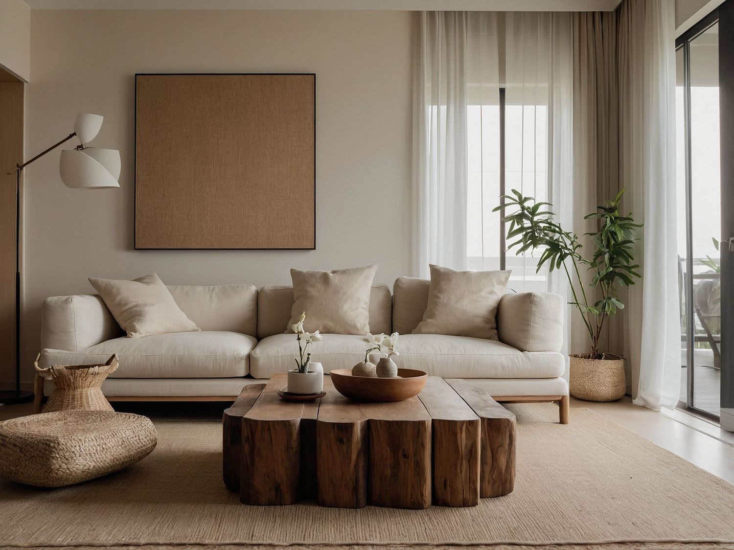 Modern minimalist living room with neutral tones, featuring clean lines and natural wood accents.