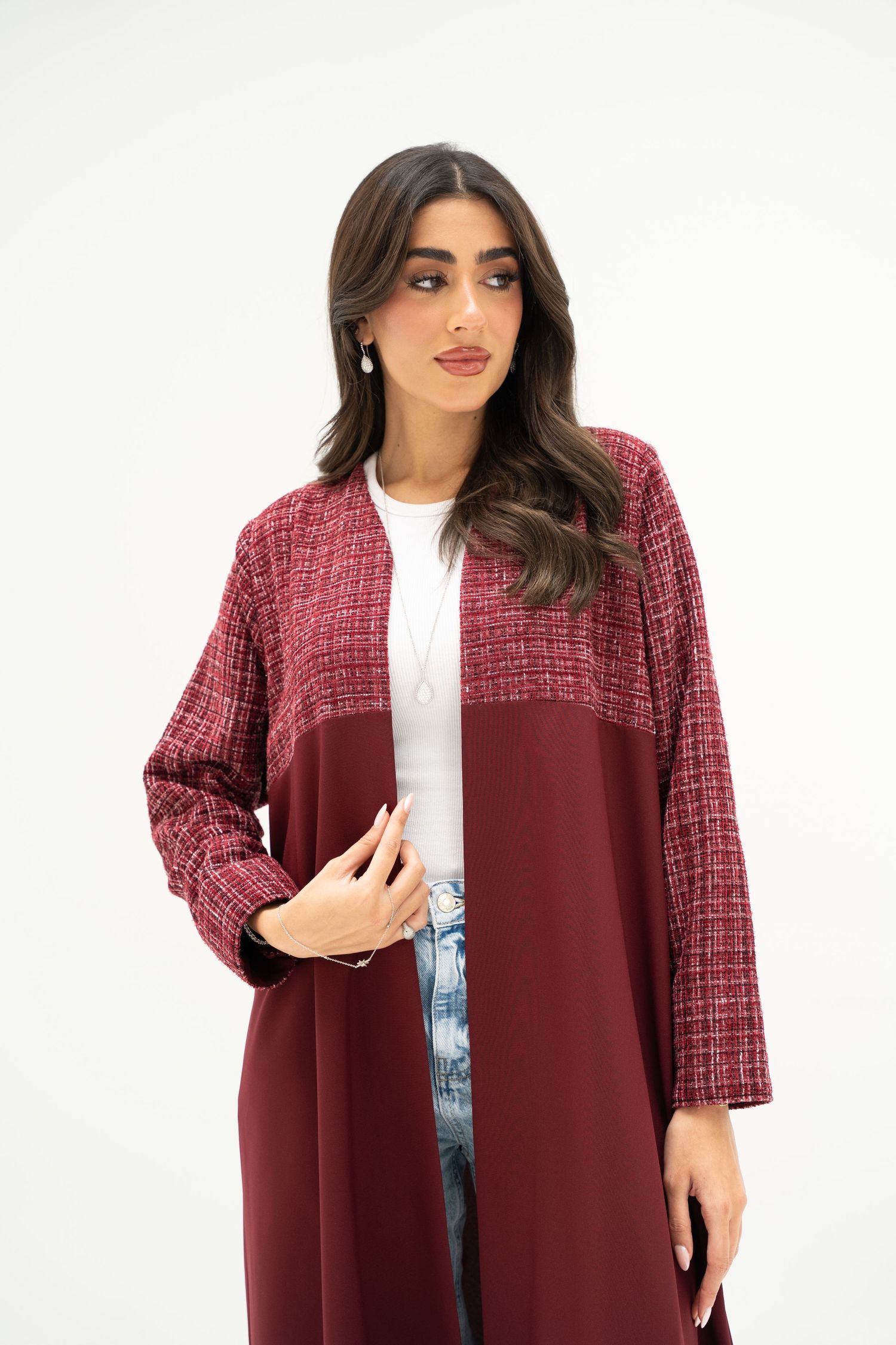 Burgundy color block tunic top with tweed pattern detail and three-quarter length sleeves shown from multiple angles.