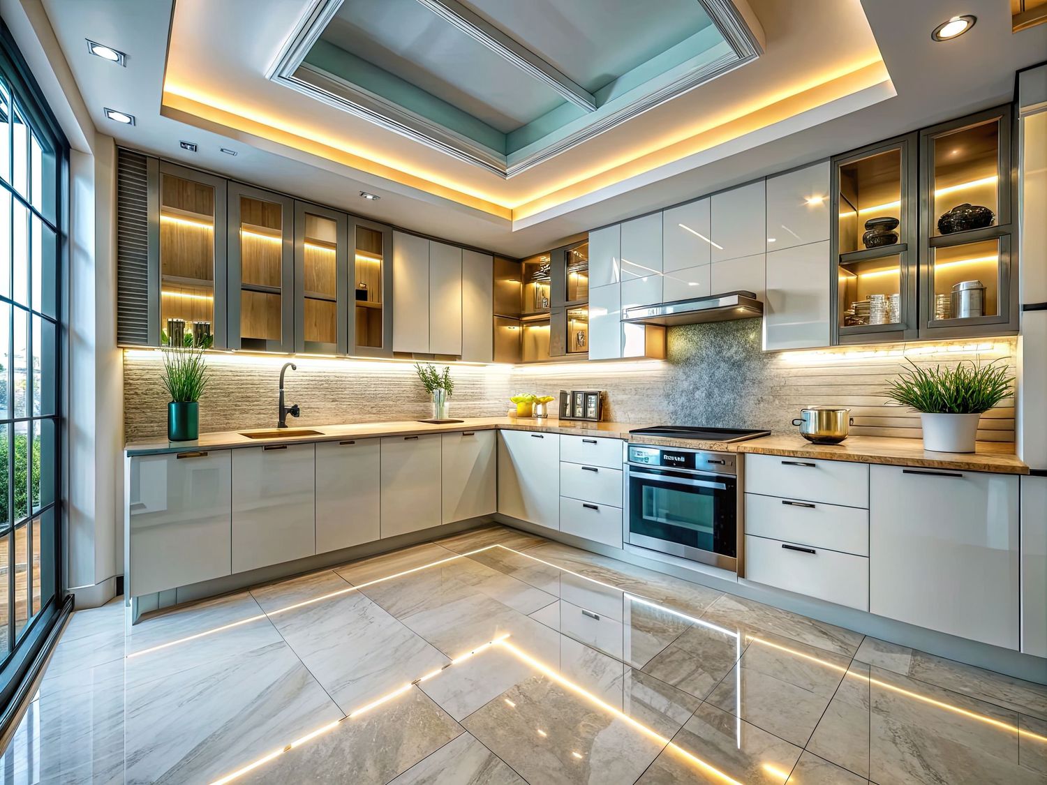 Modern luxury kitchen interior with LED ceiling lights and sleek white cabinets.