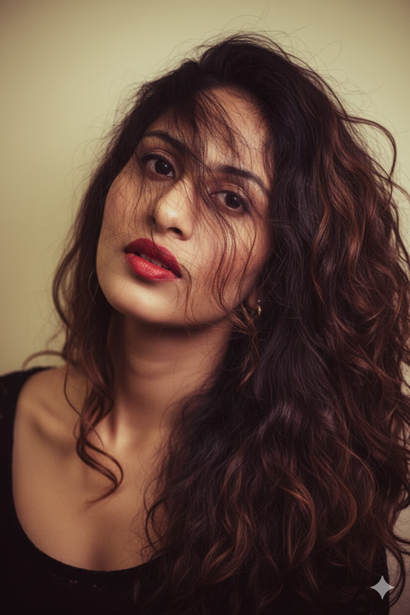 Portrait of someone with flowing dark curly hair wearing red lipstick and a black top against warm-toned background.