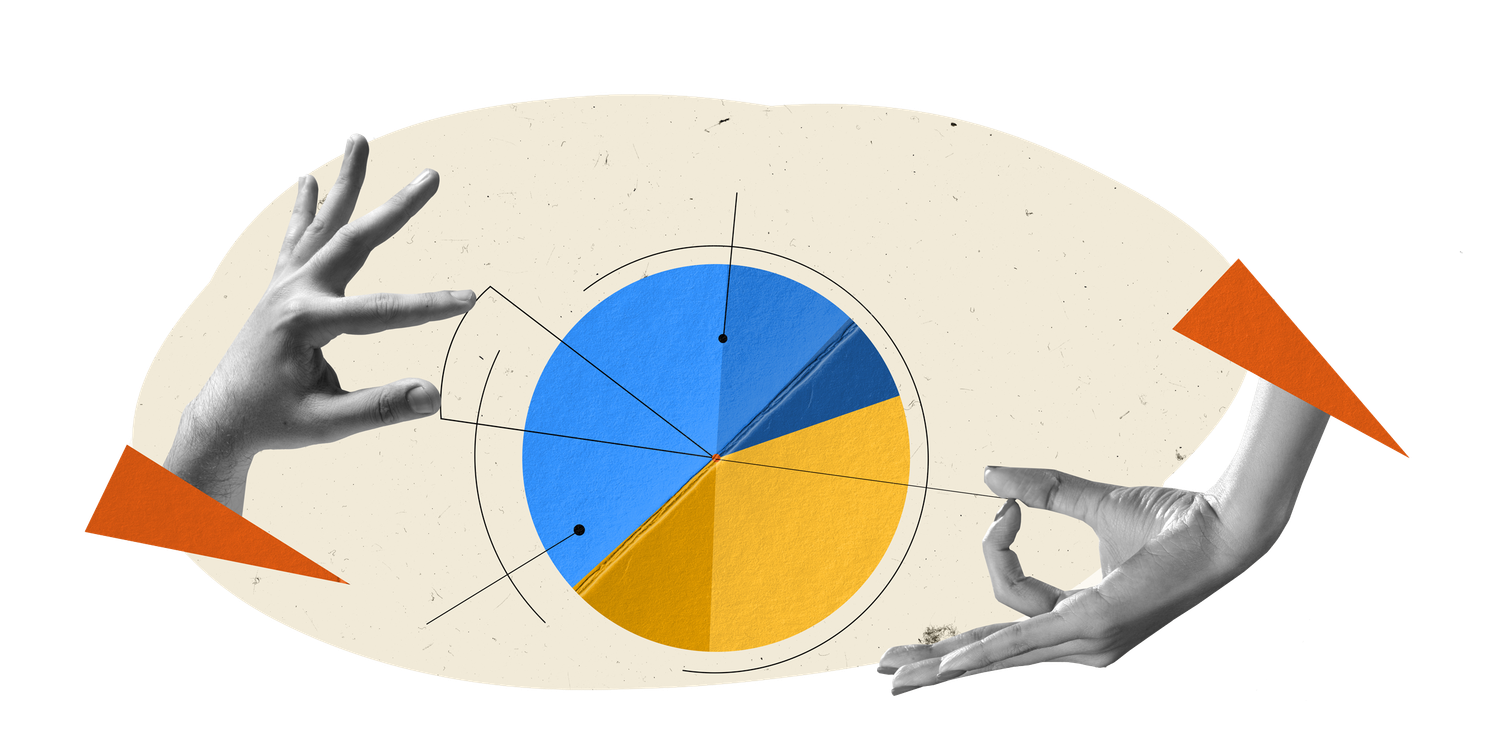 A series of hands interacting with pie charts and data visualization elements against a white background.