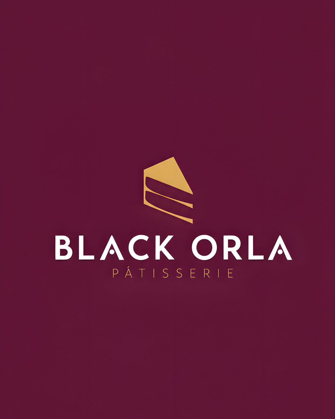 Modern burgundy-colored logo design for Black Orka Patisserie with geometric golden accent shape.