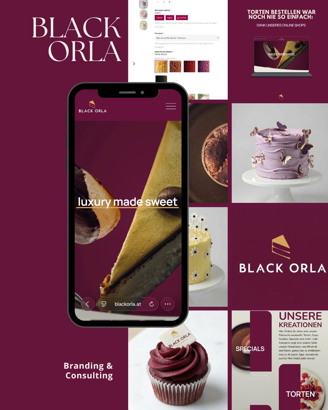 Brand identity mockup for Black Orla luxury bakery featuring a phone display, cupcake, and purple color scheme.