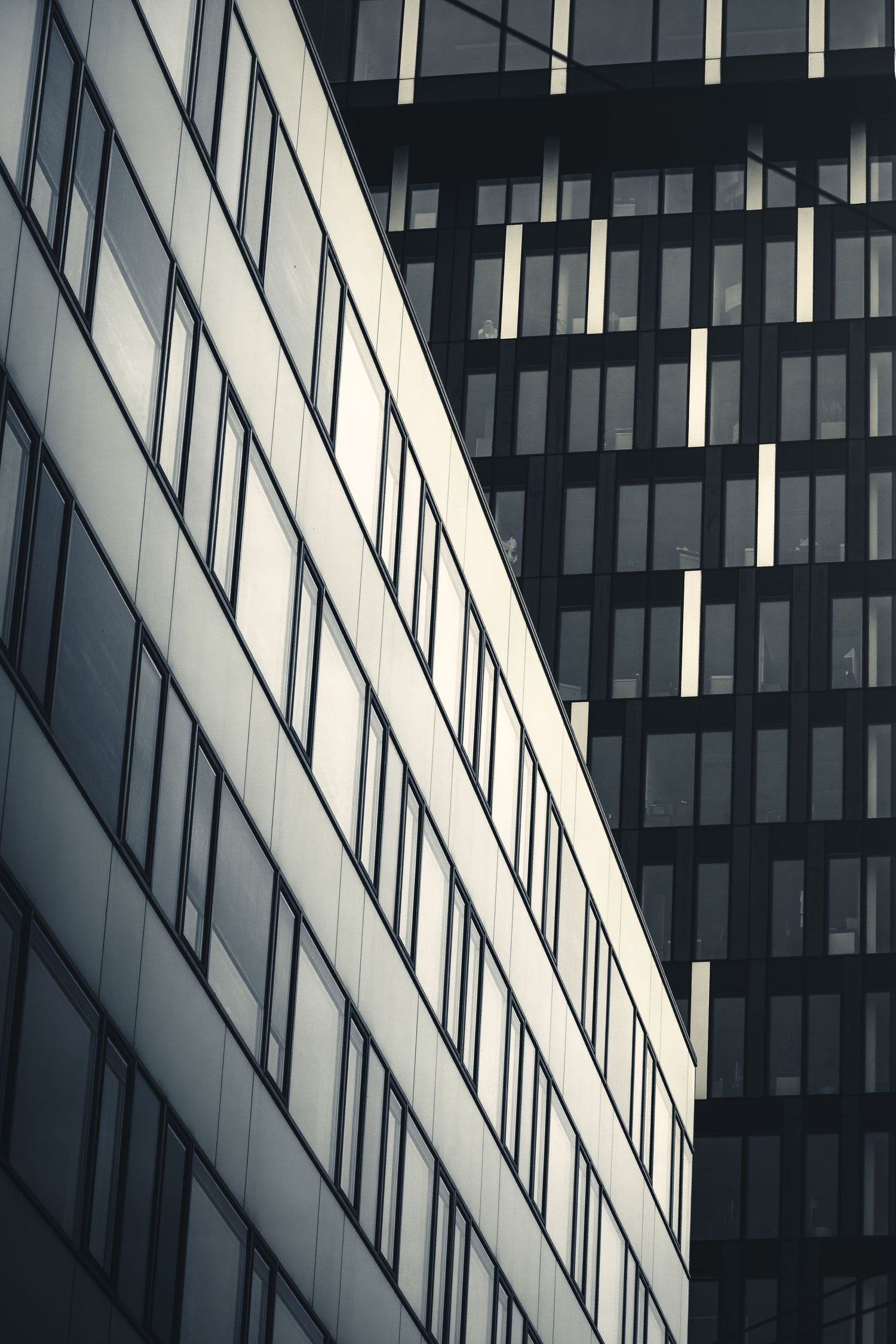 Modern office building exterior with geometric pattern of windows and lines.