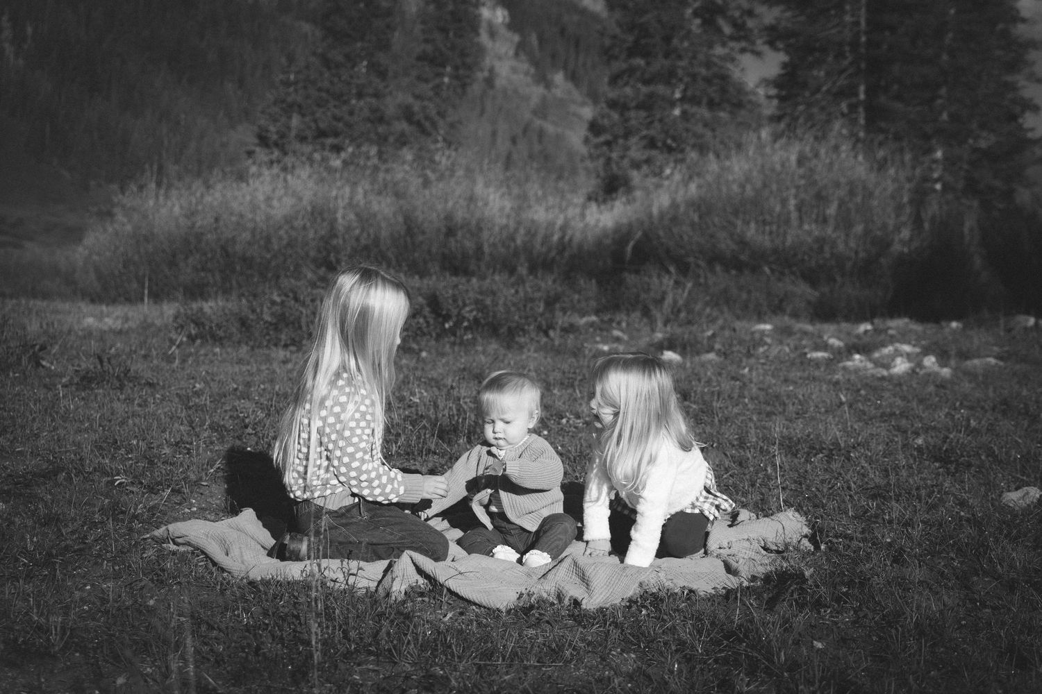 Black and white photo of two girls and a toddler sitting together on a blanket in a grassy meadow with evergreen trees in the background.