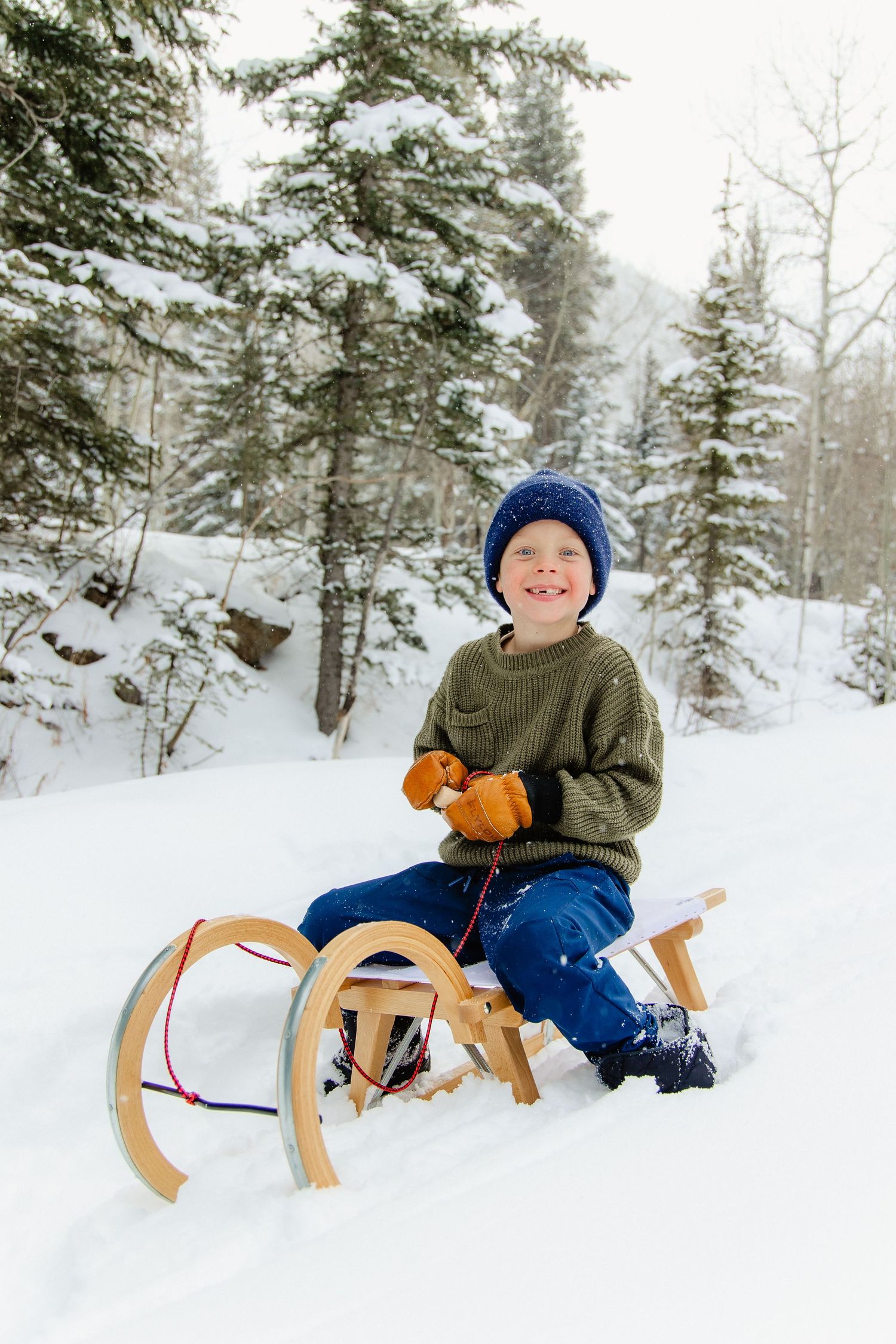 A wooden sled sits in fresh powder snow surrounded by evergreen trees on a winter day.