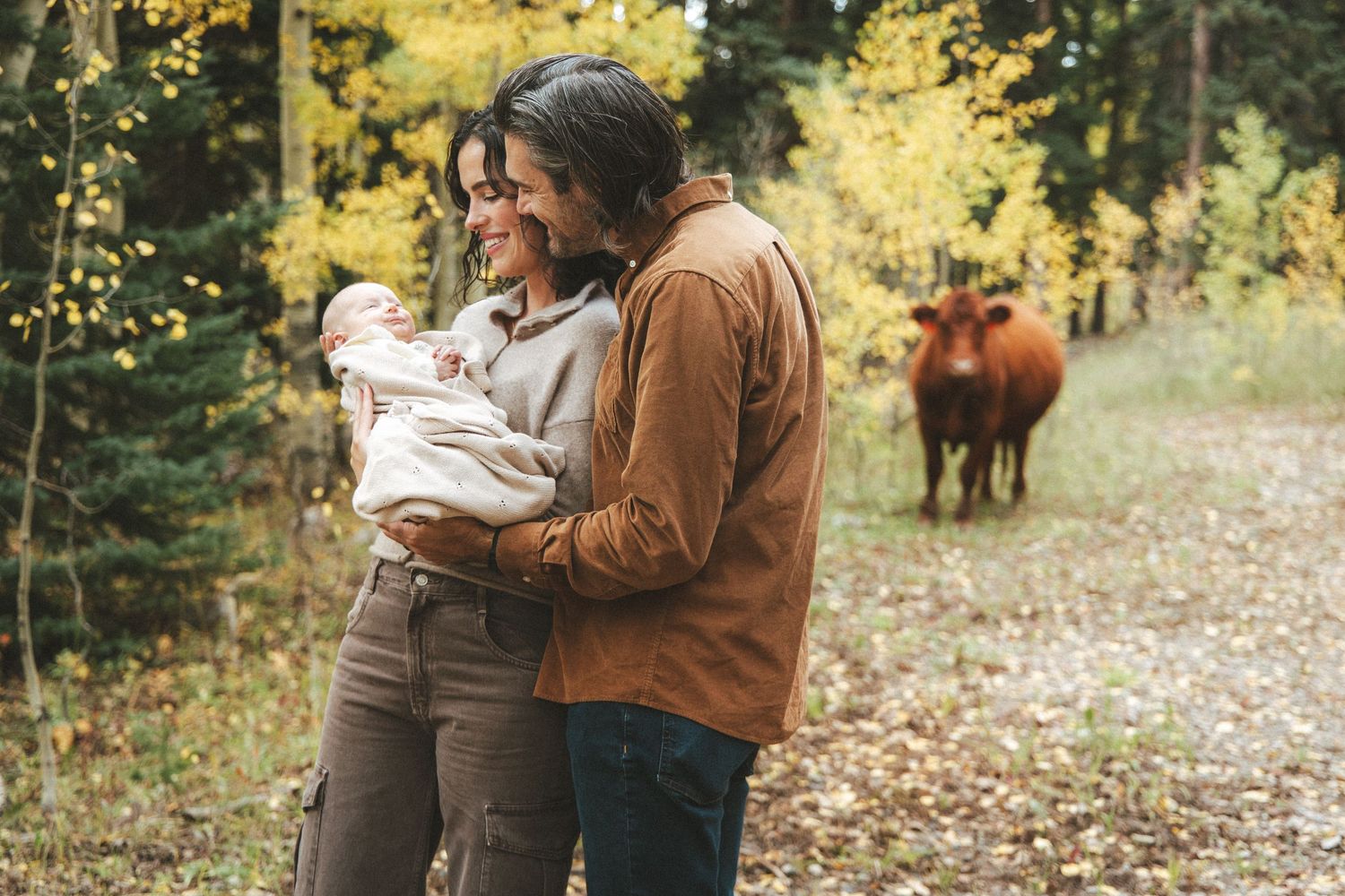 Couple smiling and holding newborn baby outdoors in autumn forest with a cow in the background.