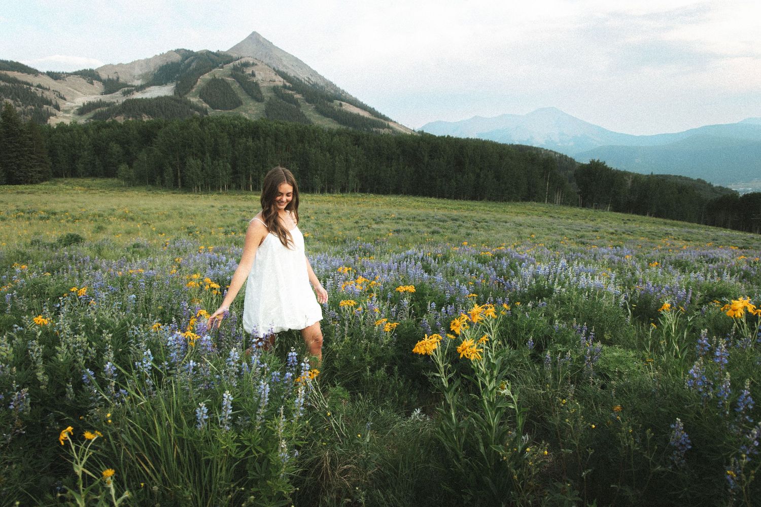 A woman in a white dress walks through a vibrant wildflower meadow with mountains in the background.
