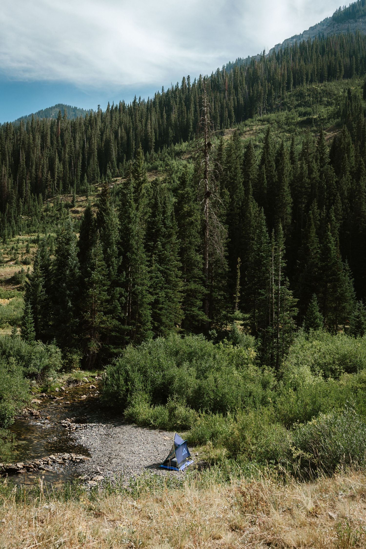 A scenic mountain landscape with evergreen forests and a small blue tent pitched near a rocky riverbed in the wilderness.