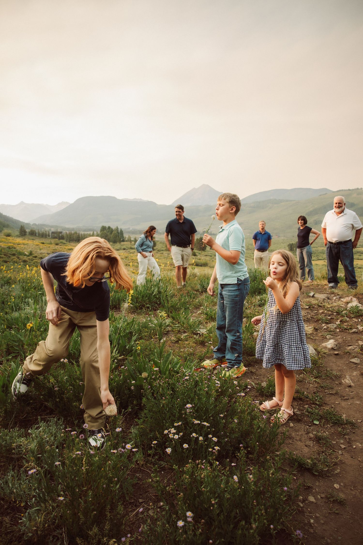 Family gathering in a mountain meadow with wildflowers, children blowing dandelions while adults watch scenic hills.
