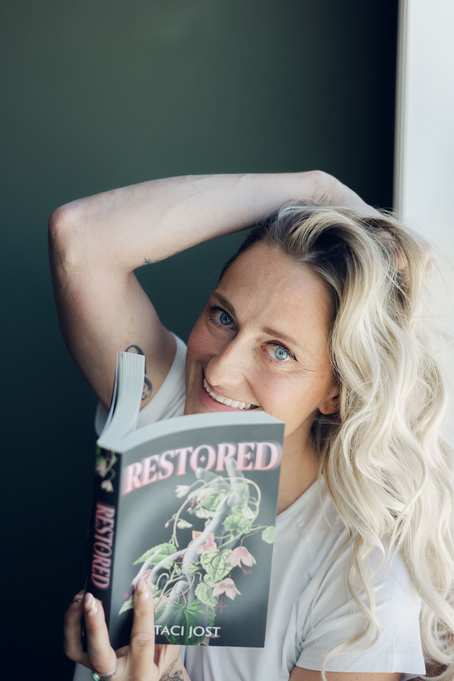 A creative photo sequence shows a person posing with a book against a dark background.