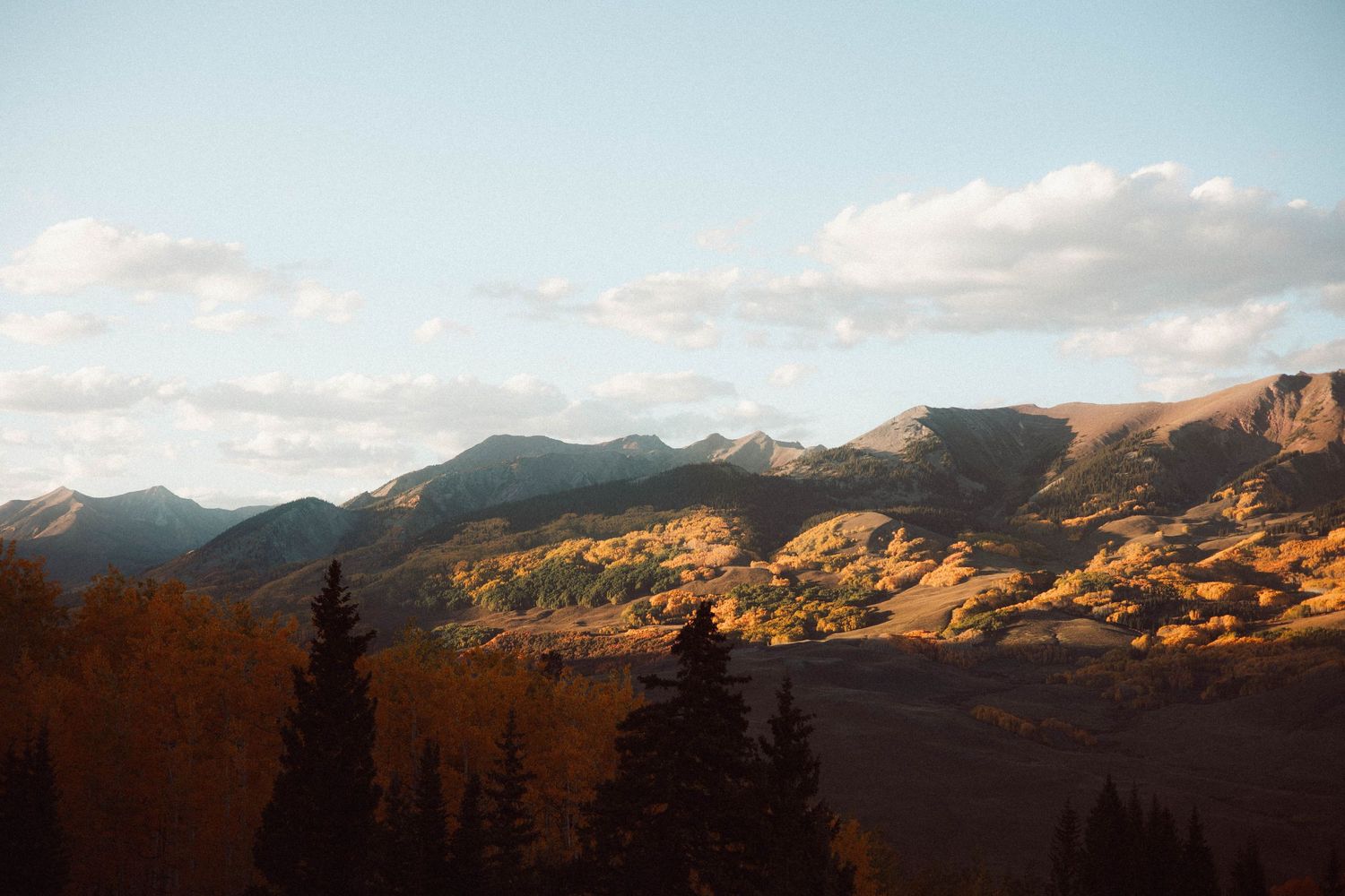 Golden sunlight bathes mountain ridges while dark evergreens frame the majestic landscape.