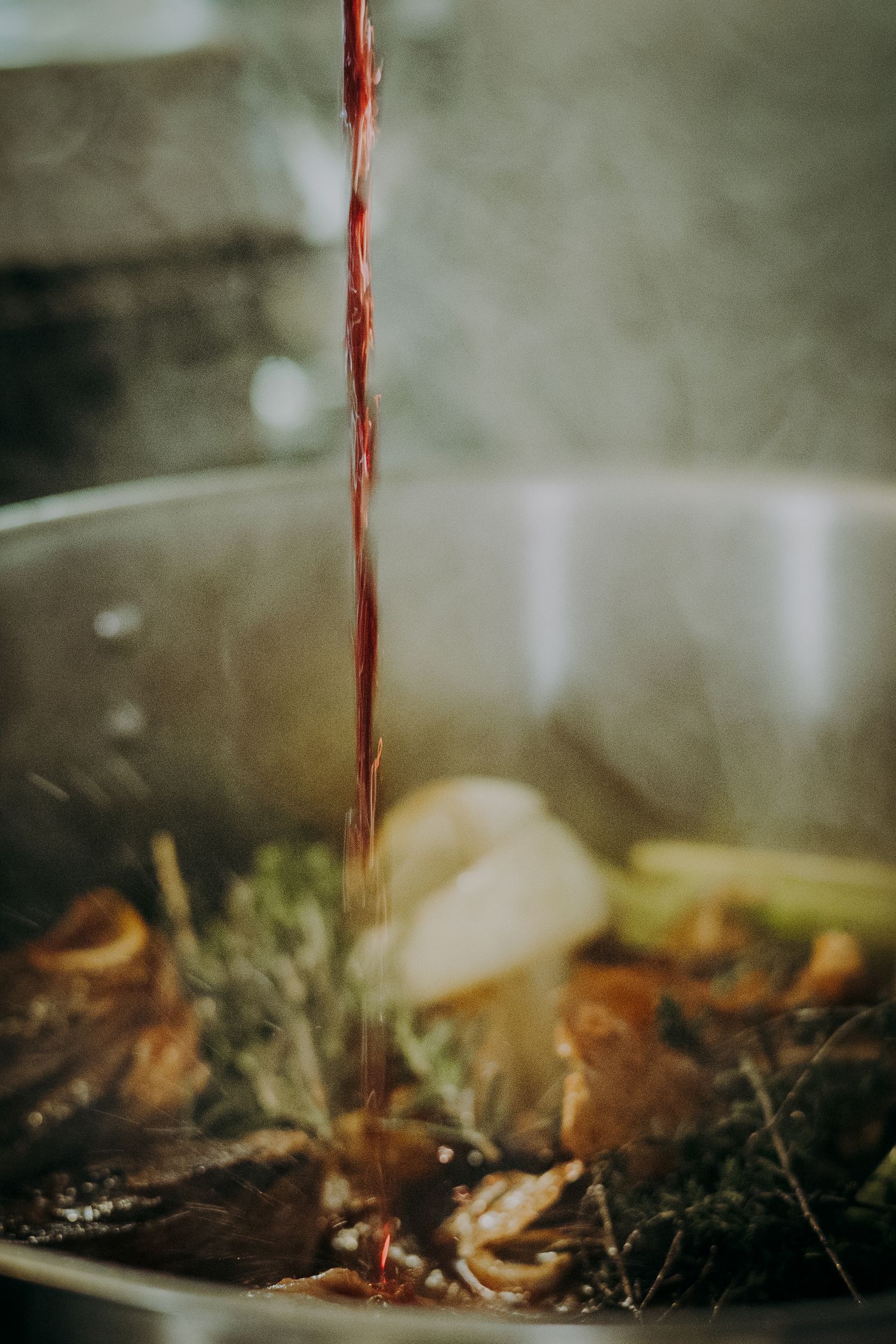 Red liquid pours onto a dark forest floor creating an artistic stream through fallen autumn leaves and moss.