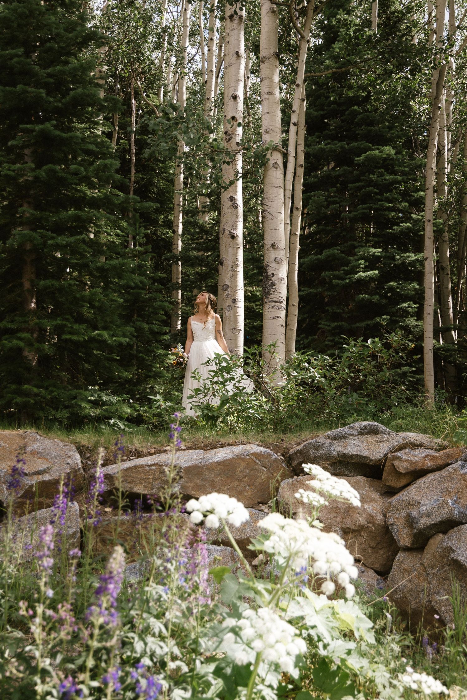 A dreamy scene of a white dress among aspen trees with purple wildflowers in the foreground.