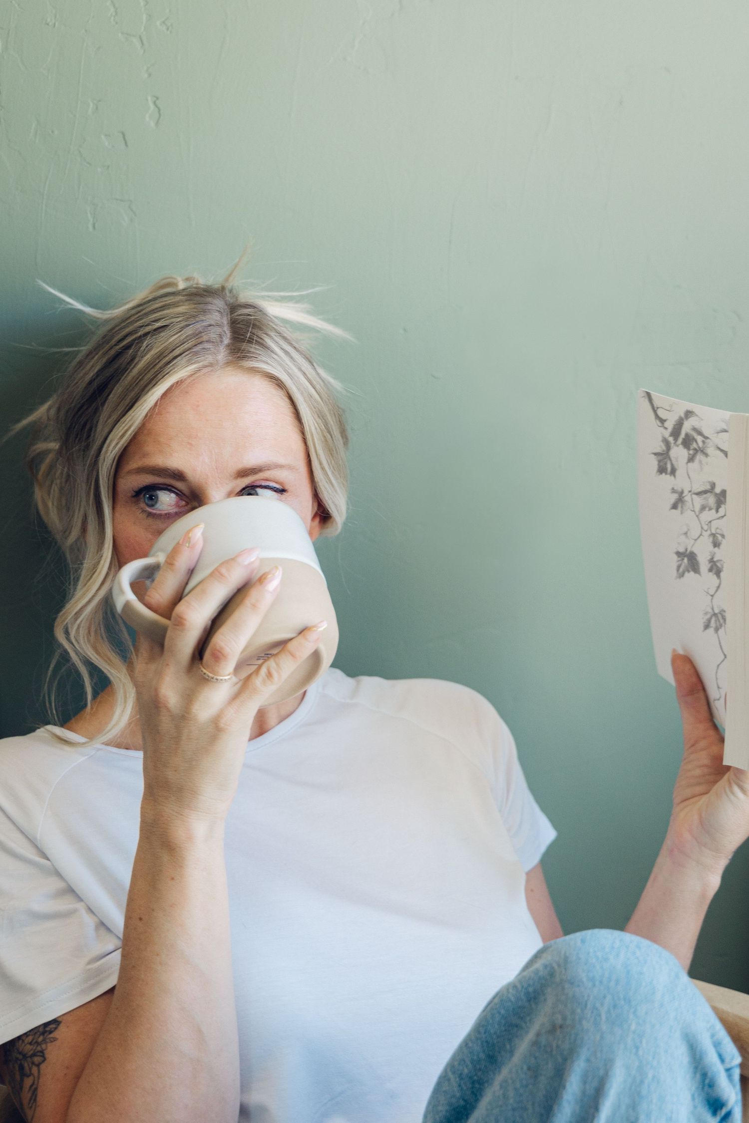 A sequence of photos showing someone drinking from a white coffee mug against a mint green wall.