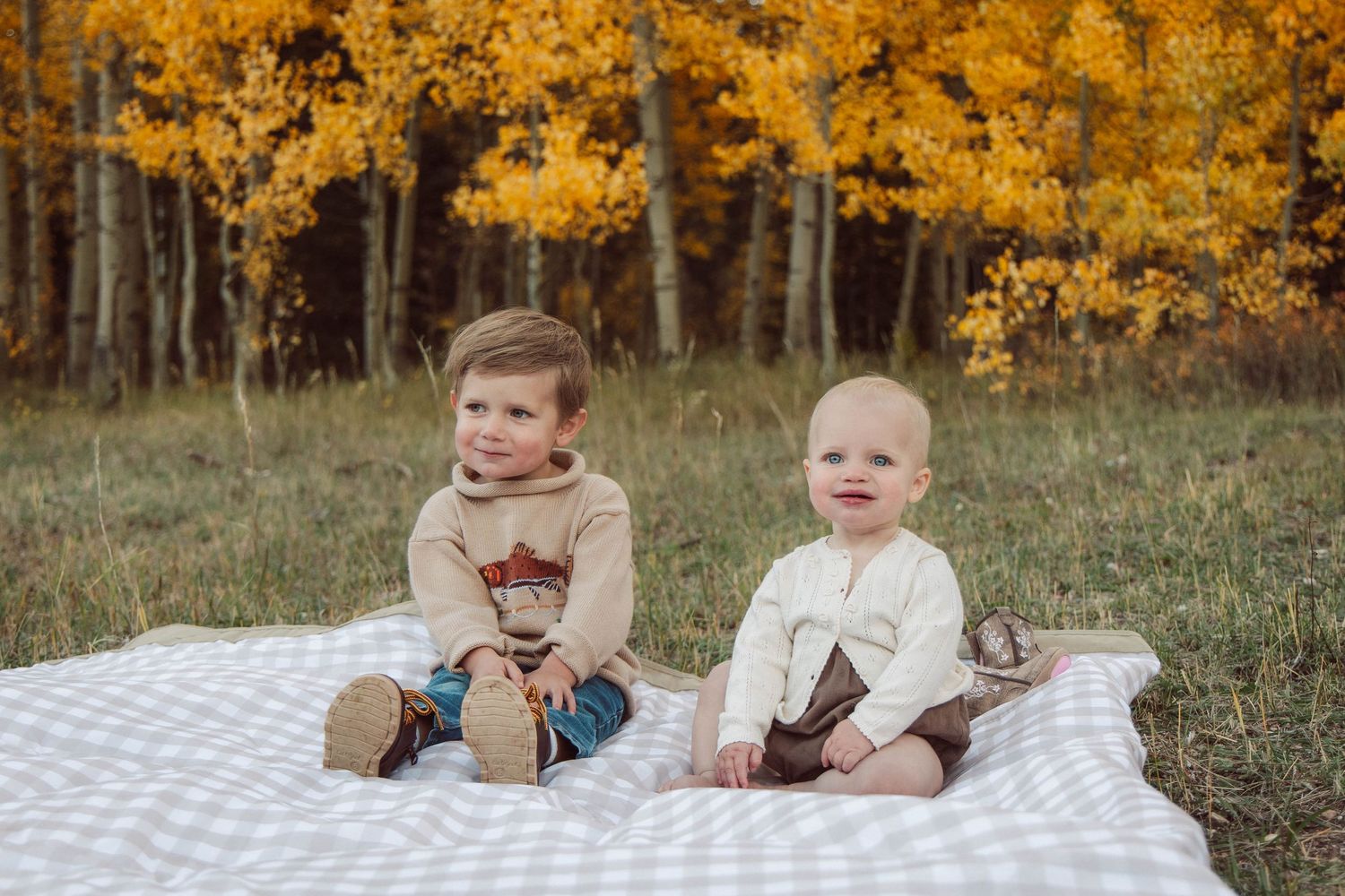 Young children sitting on blanket surrounded by golden autumn foliage.