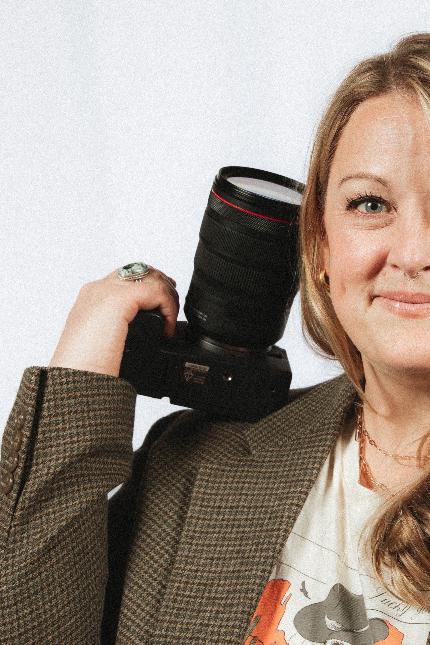 A series of photos showing someone playfully posing with a camera lens against a white background.
