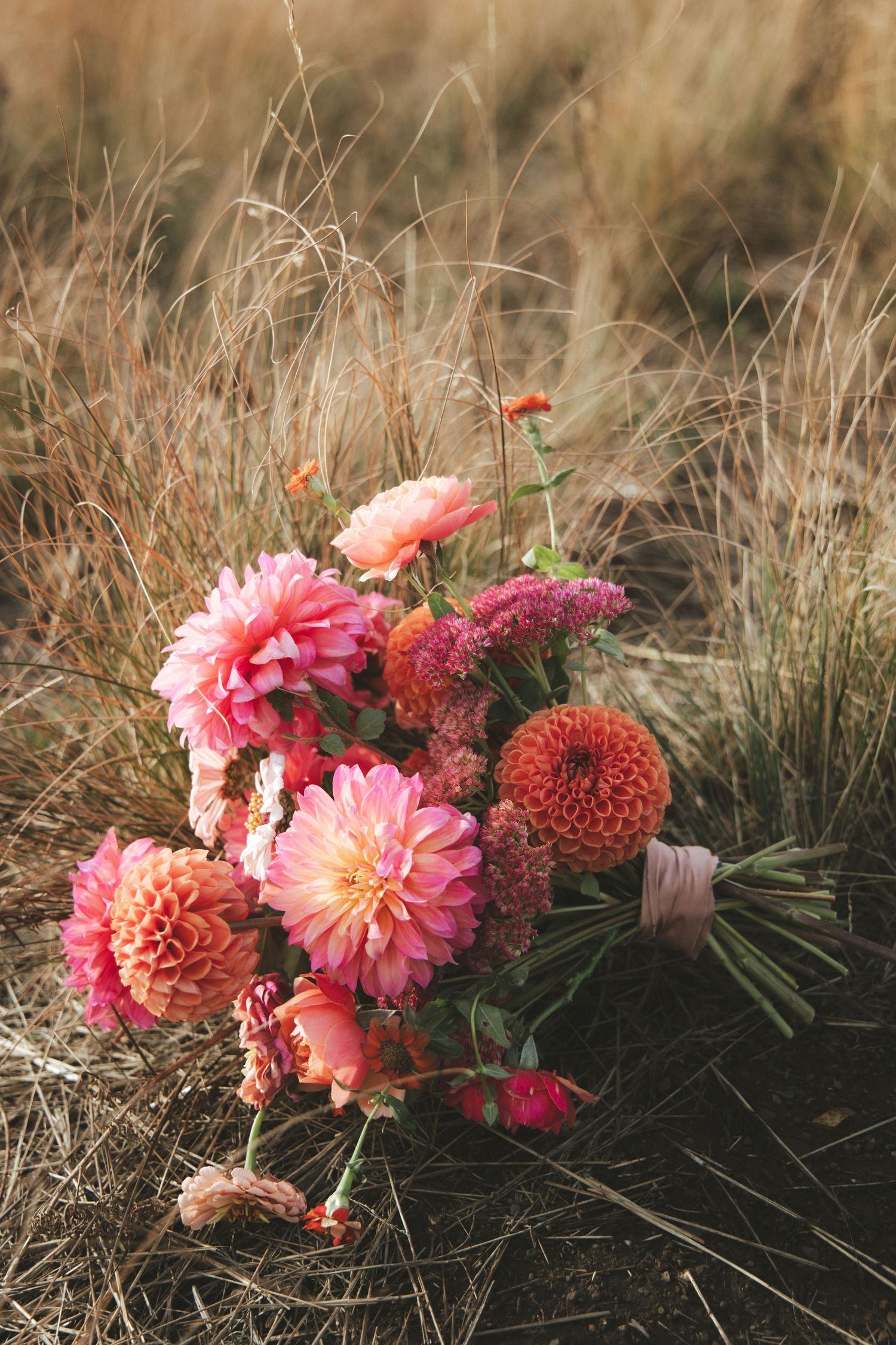Bouquet of pink, coral and orange dahlias with blush accent blooms and a ribbon-wrapped stem, resting on dry grass in a field.