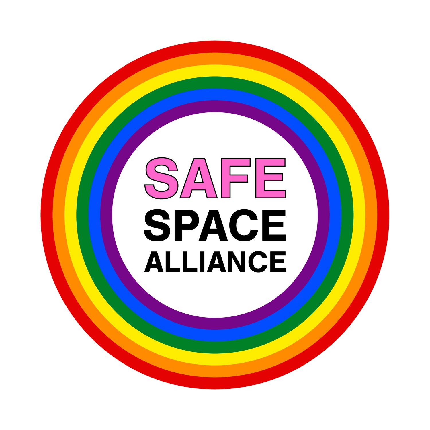 Rainbow circular logo design for Safe Space Alliance organization with colorful concentric rings.