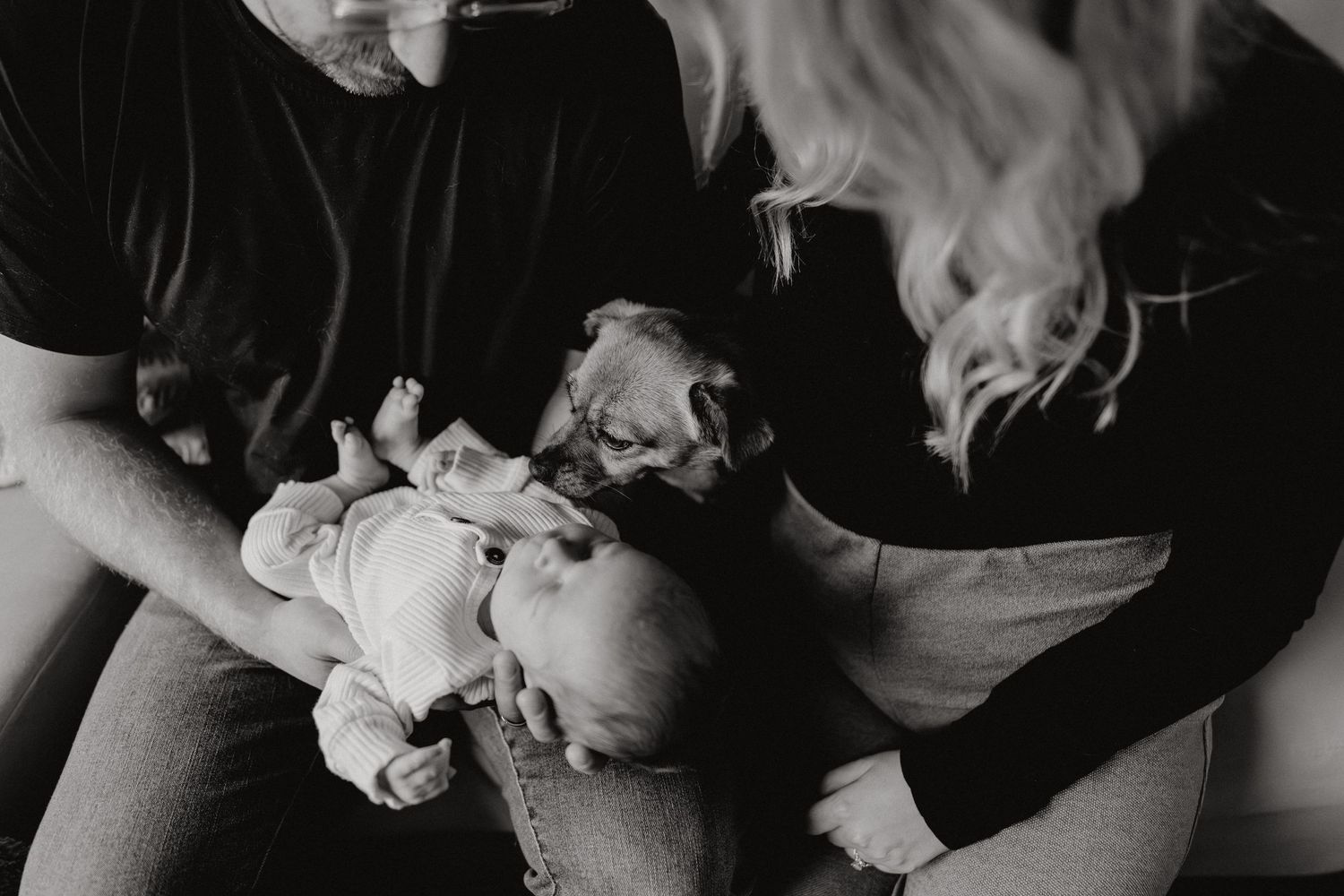 Dark and moody black and white image showing tender family poses.