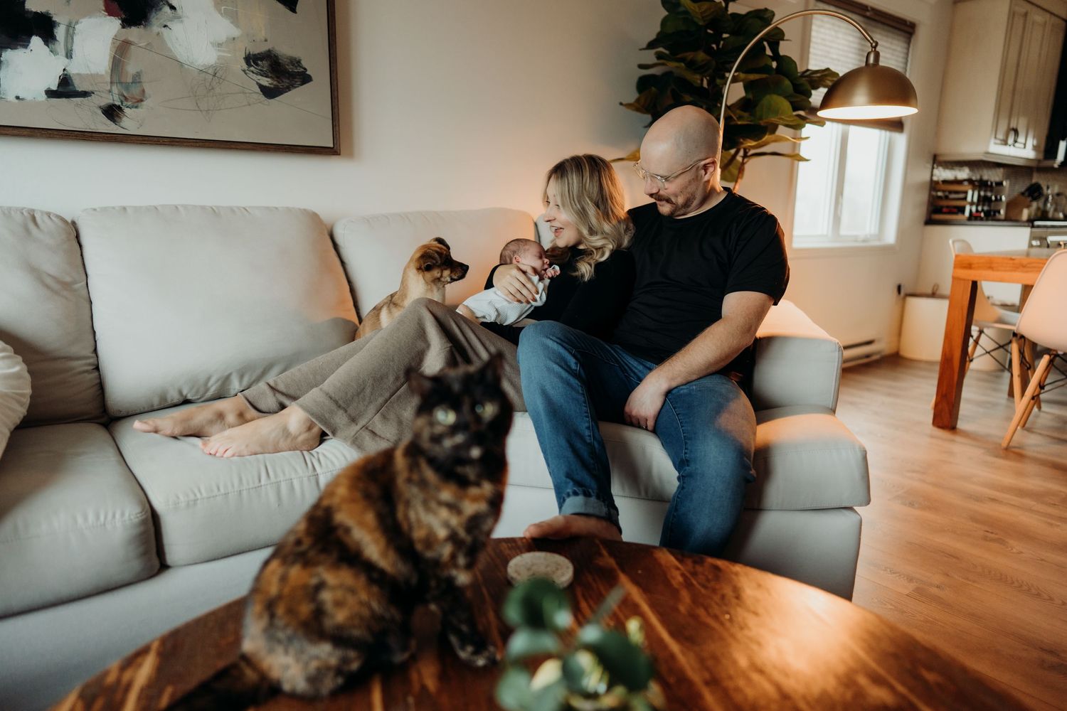 A couple relaxes on a gray couch with their dog in a bright living room with hardwood floors.
