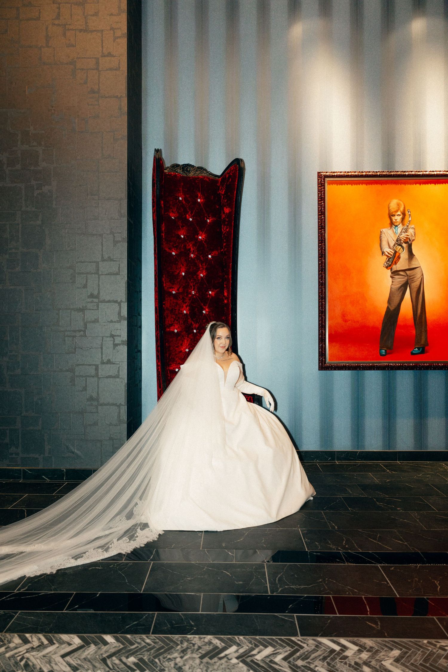 Wedding photography sequence featuring dramatic lighting and contemporary venue styling.