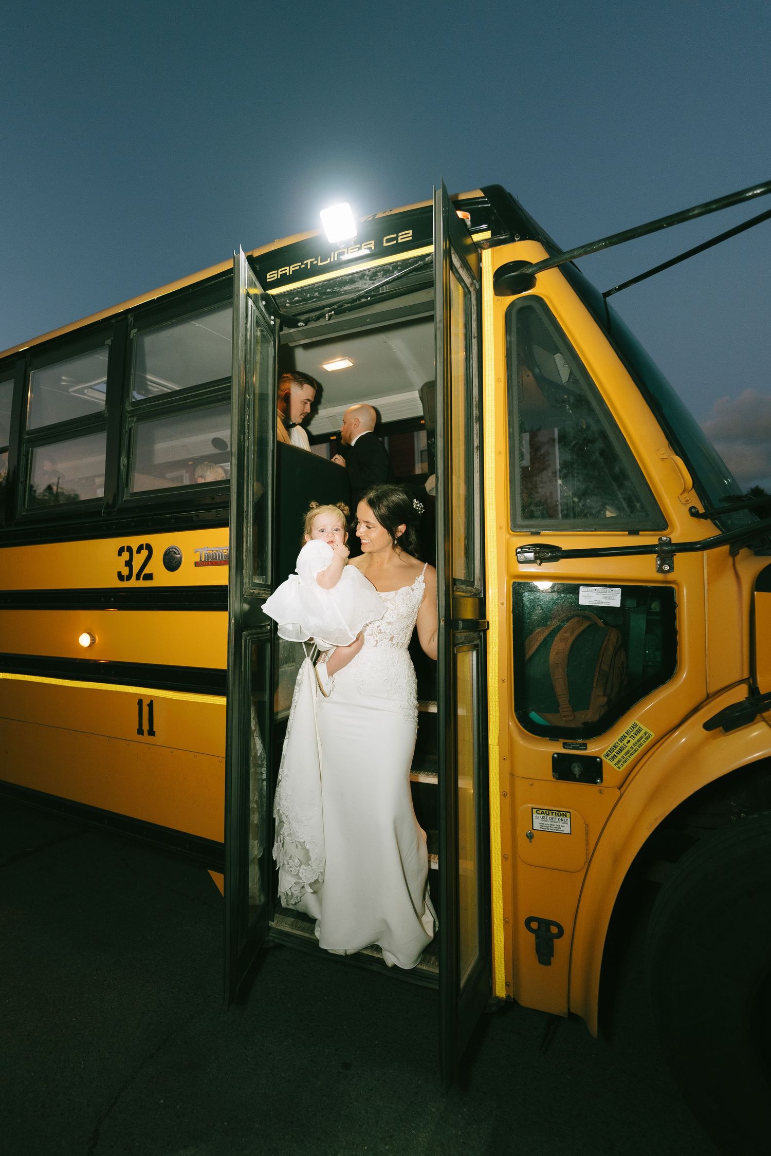 A series of five photos showing someone entering a yellow school bus at night with dramatic lighting.