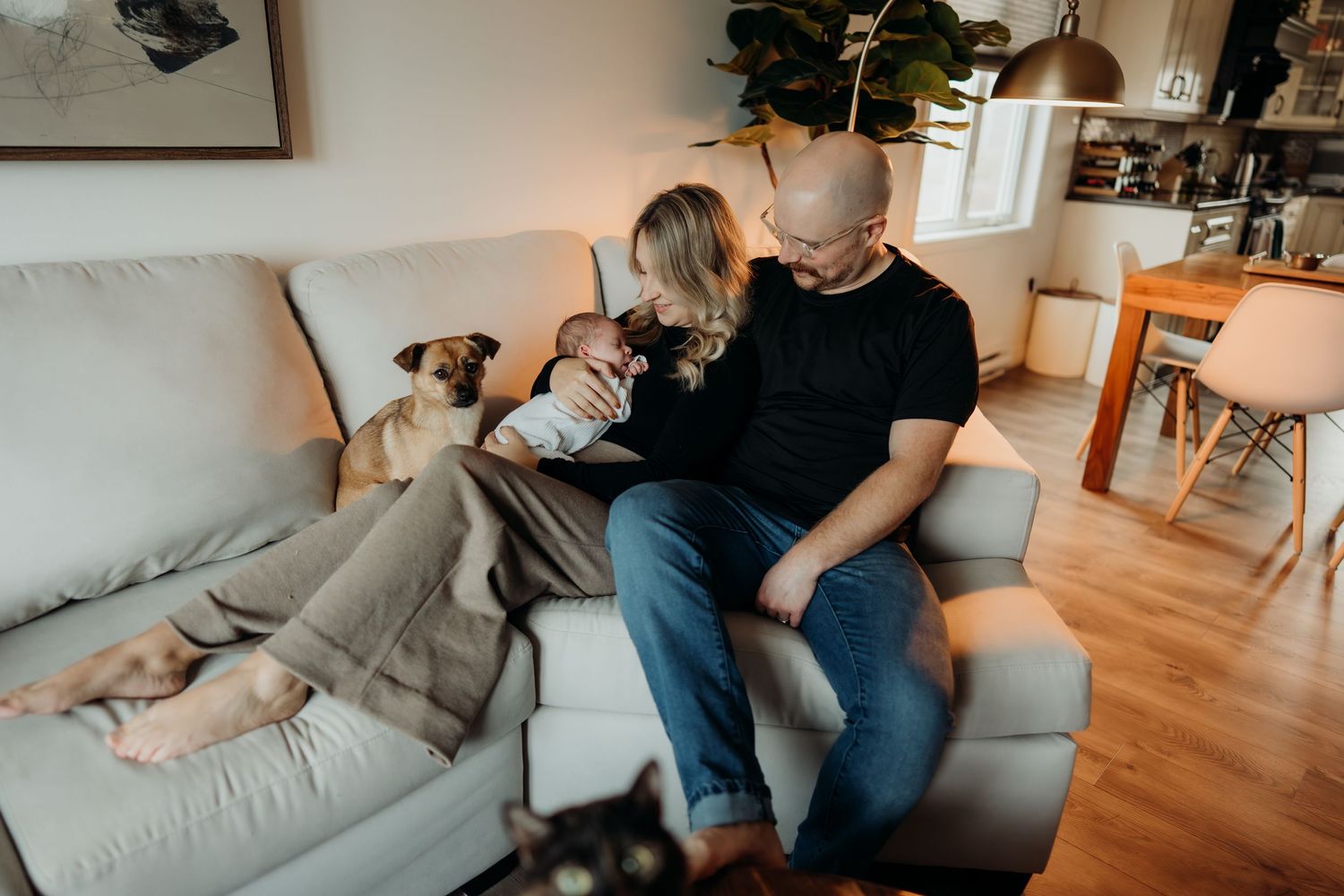 People spending quality time together on a couch with their pet in a modern living space.