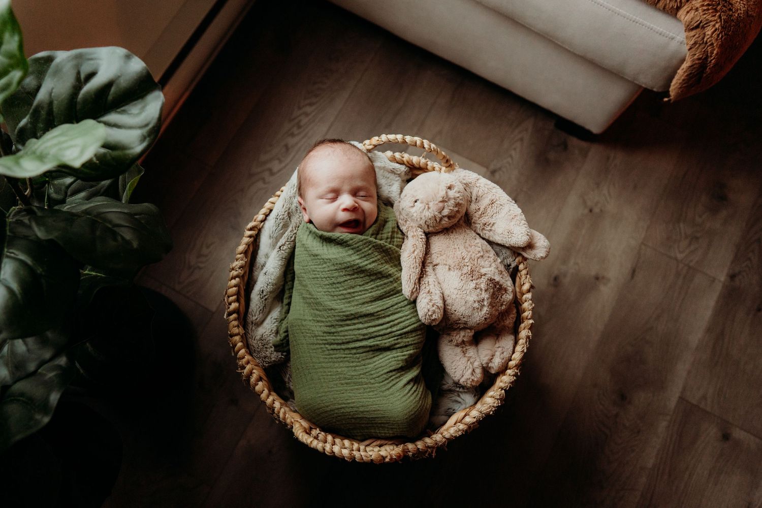 Artistic newborn photography of baby in woven basket with green swaddle.