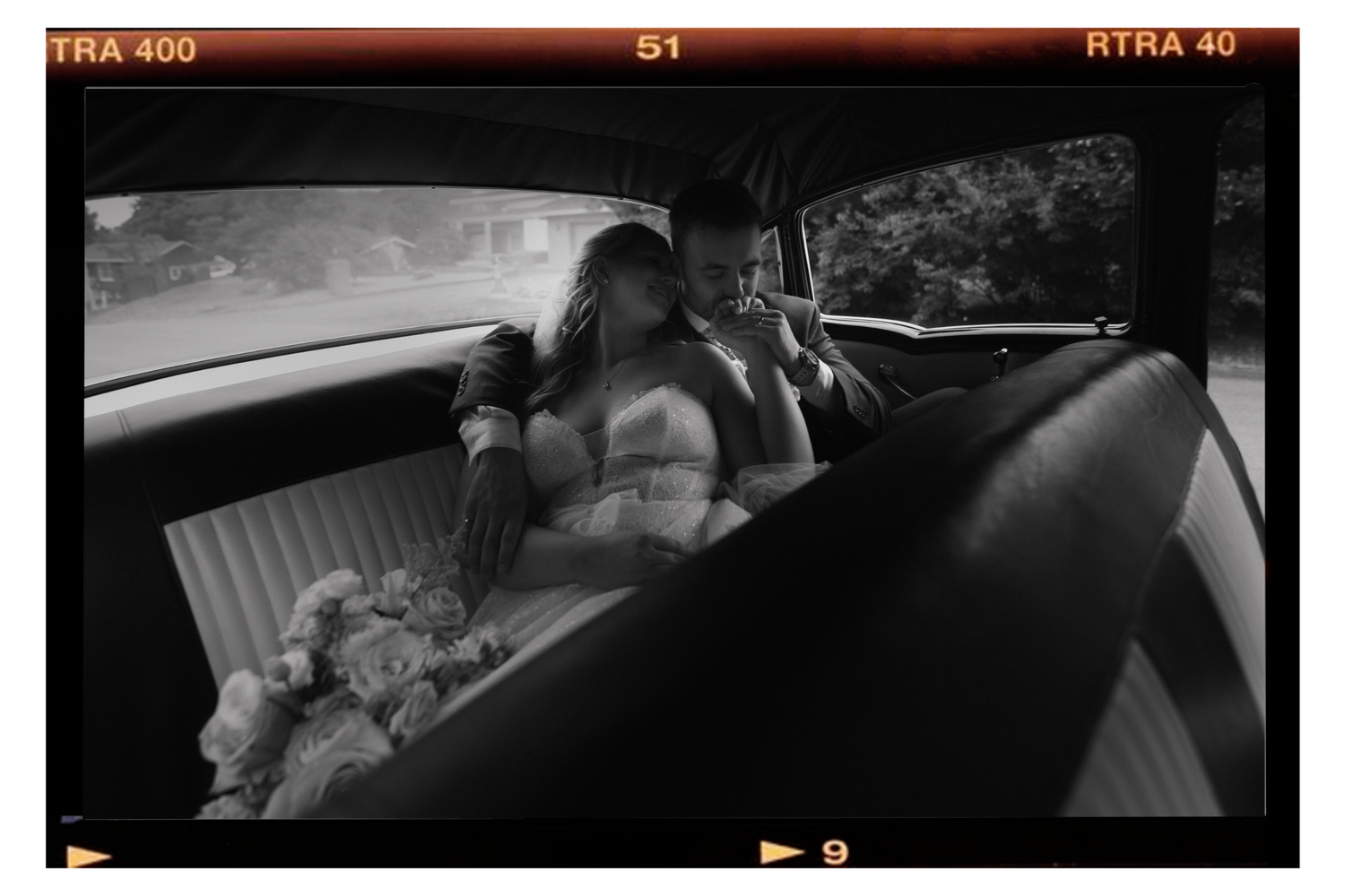 Interior shots of classic car with wedding couple in vintage style film strip.