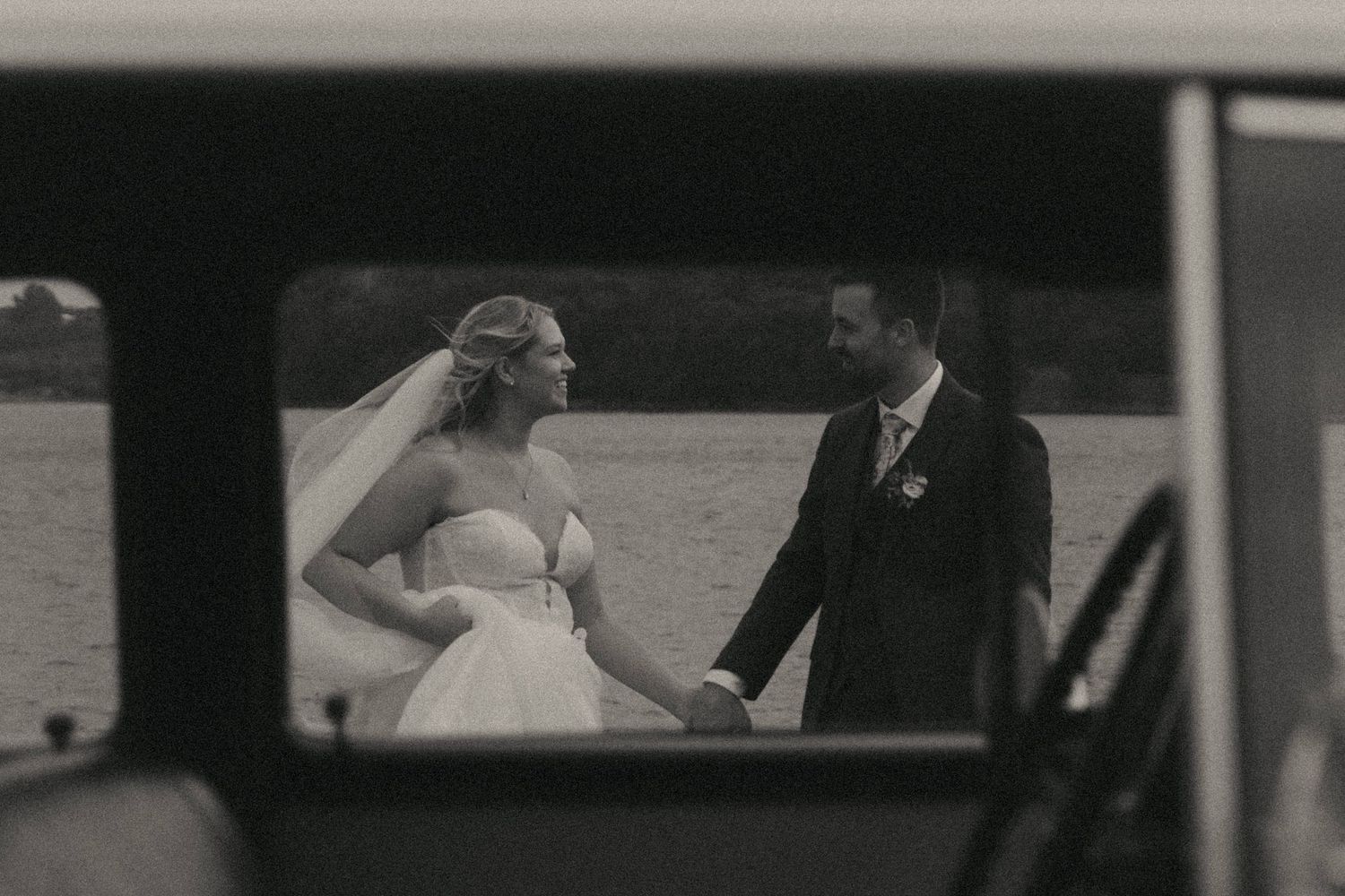 Series of candid wedding photos showing intimate moments between partners on a mountainous beach.