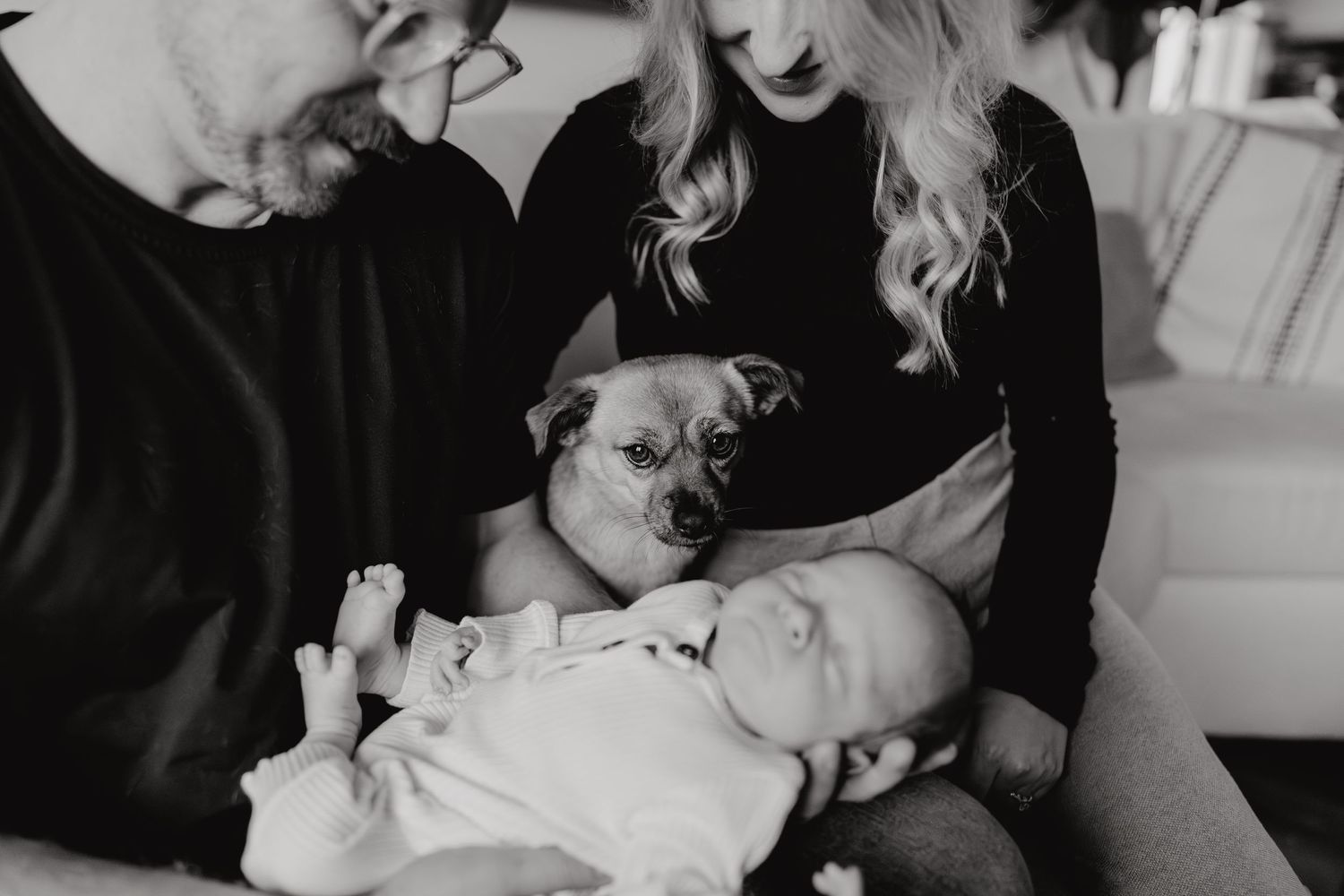 A couple holds their small baby while their dog curiously watches from between them on a couch.