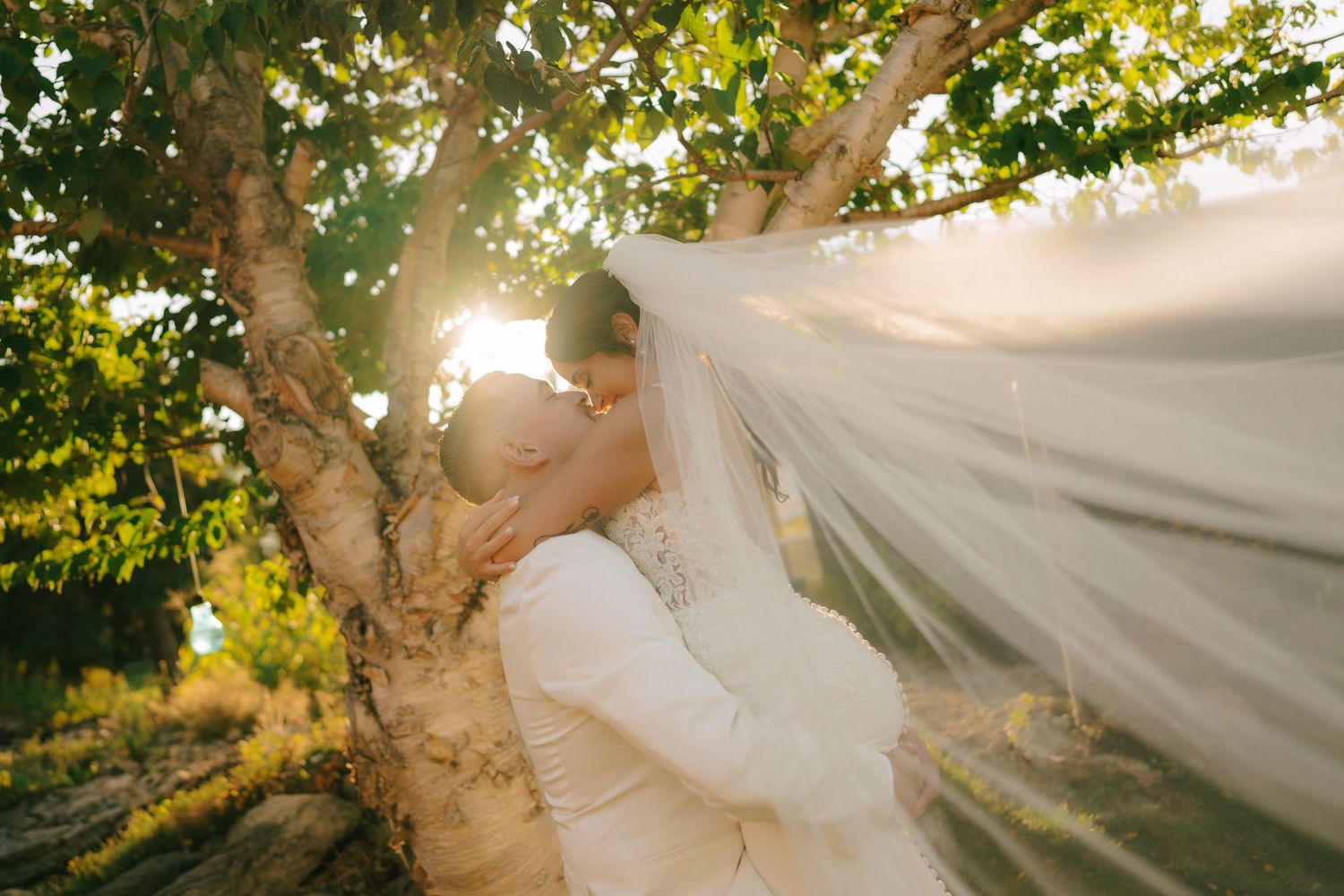 White veil flowing in breeze behind bride and groom during outdoor wedding photoshoot under sunlit trees.