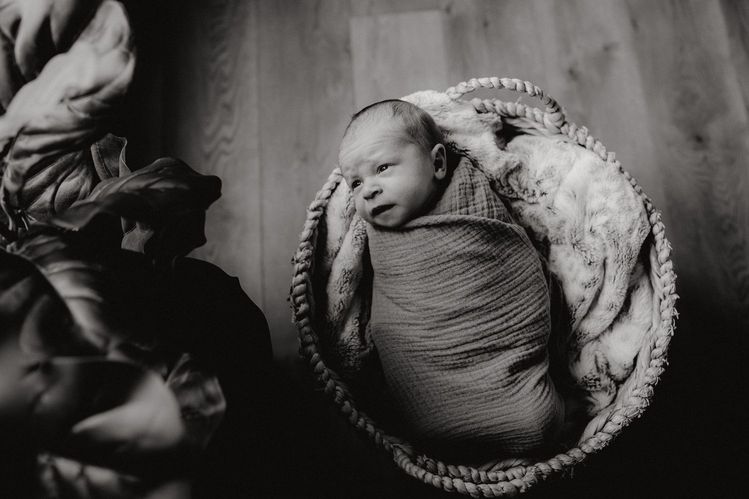Moody black and white photograph of sleeping infant in woven basket.