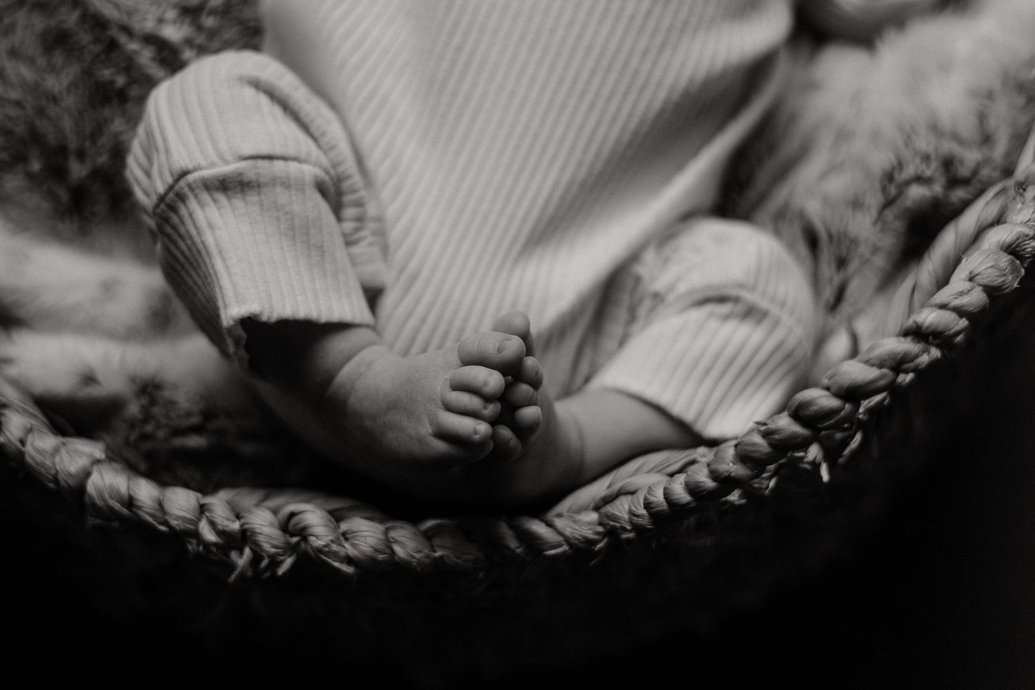 A dreamy black and white image of an infant sleeping in a woven basket.