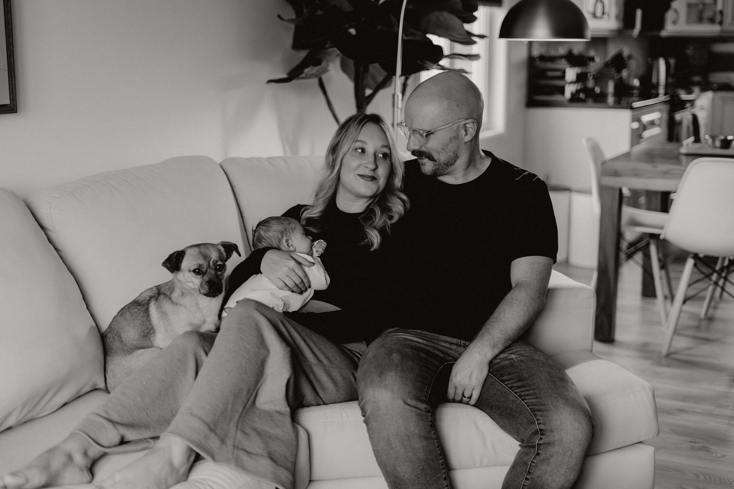 Lifestyle photography series showing casual family moments in modern living room.