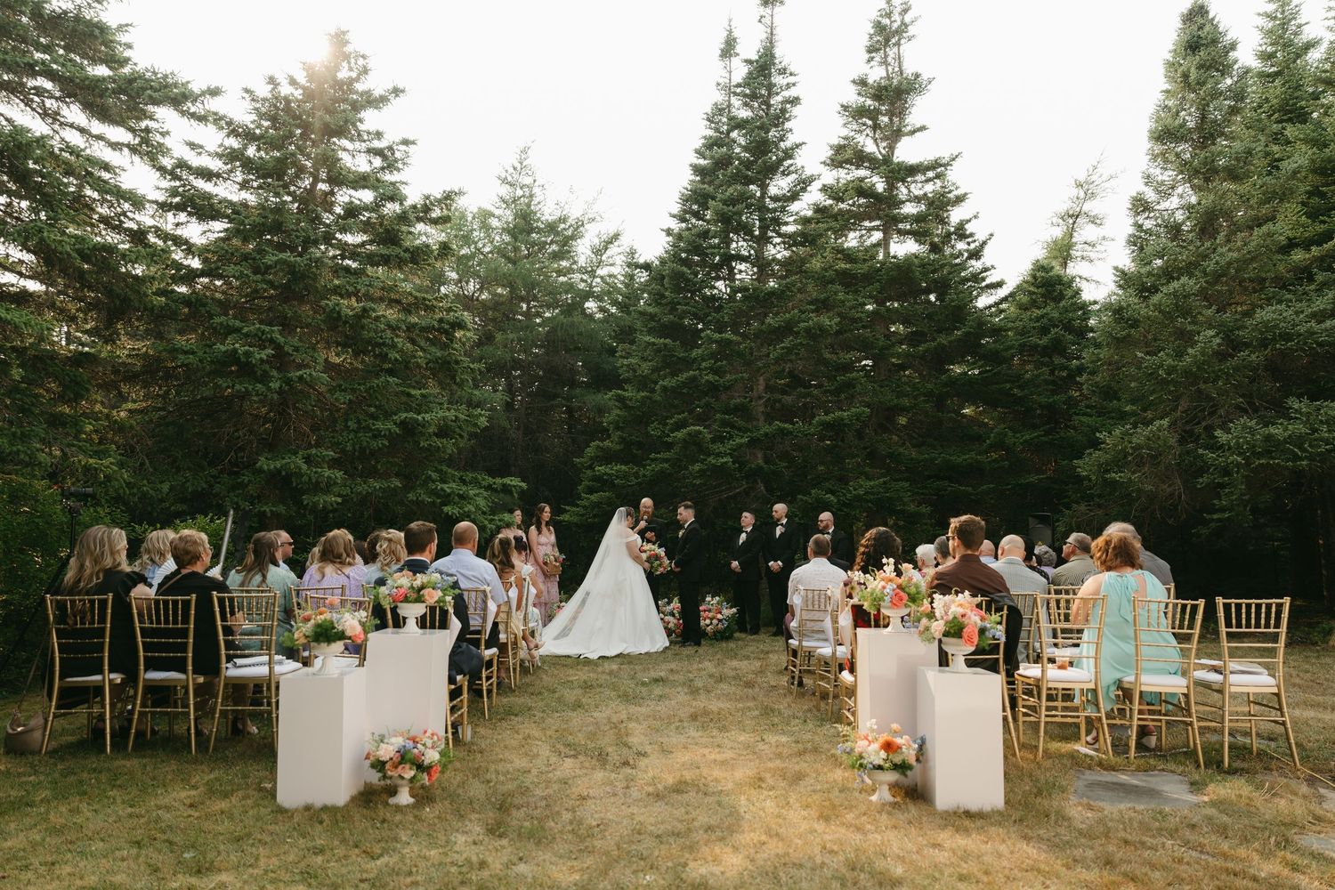 Outdoor wedding ceremony setup with white chairs arranged in rows against a backdrop of tall pine trees.