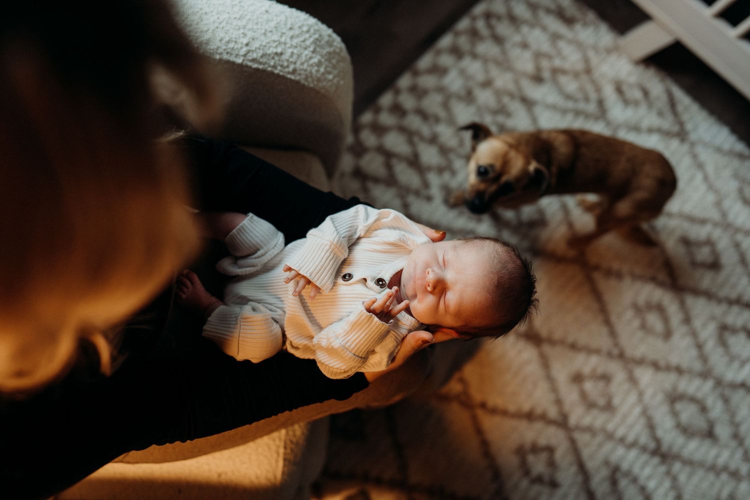Baby resting peacefully on decorative rug during in-home photoshoot.