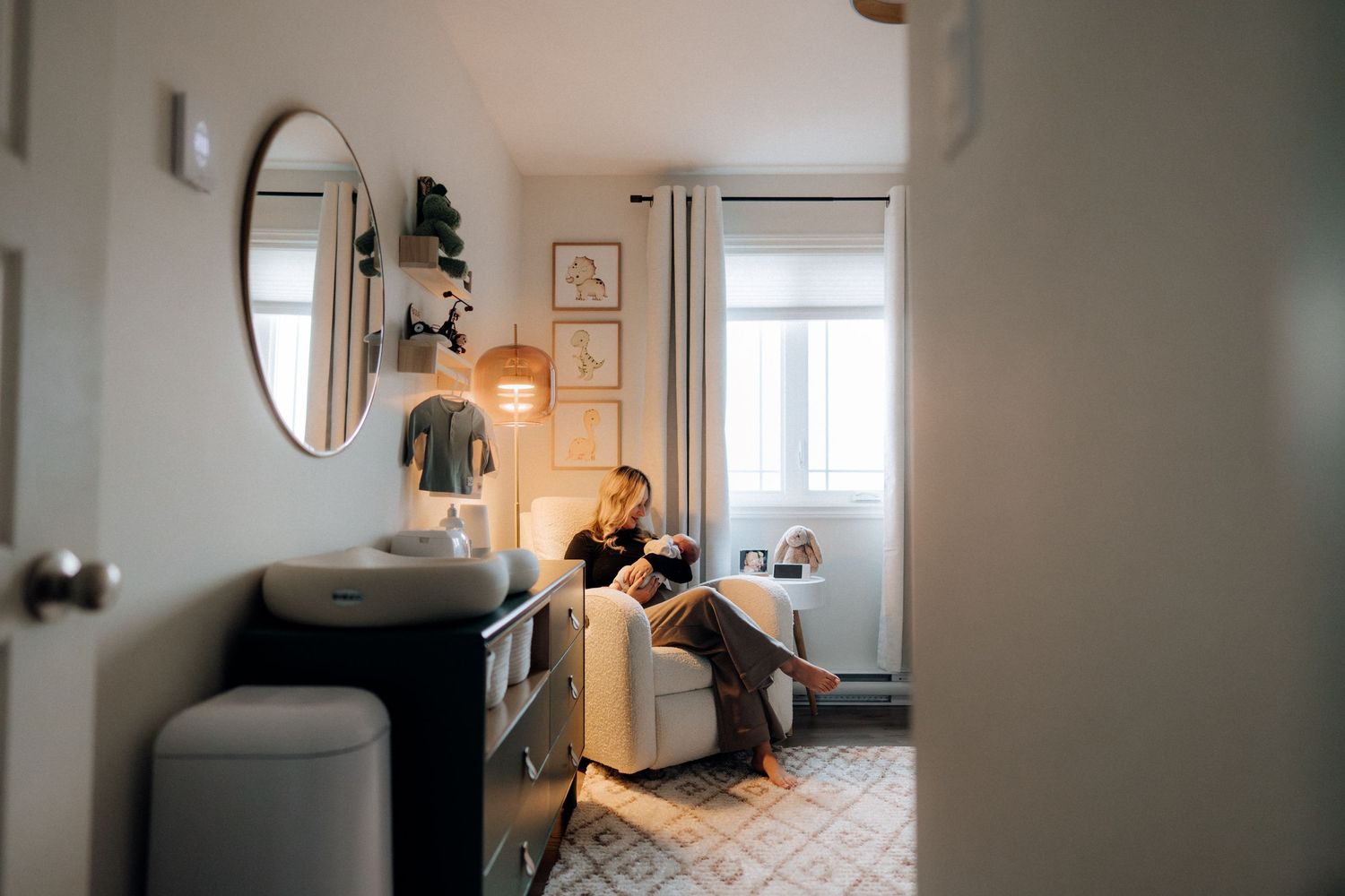 Artistic wide angle shot capturing the length of a well-designed living space.