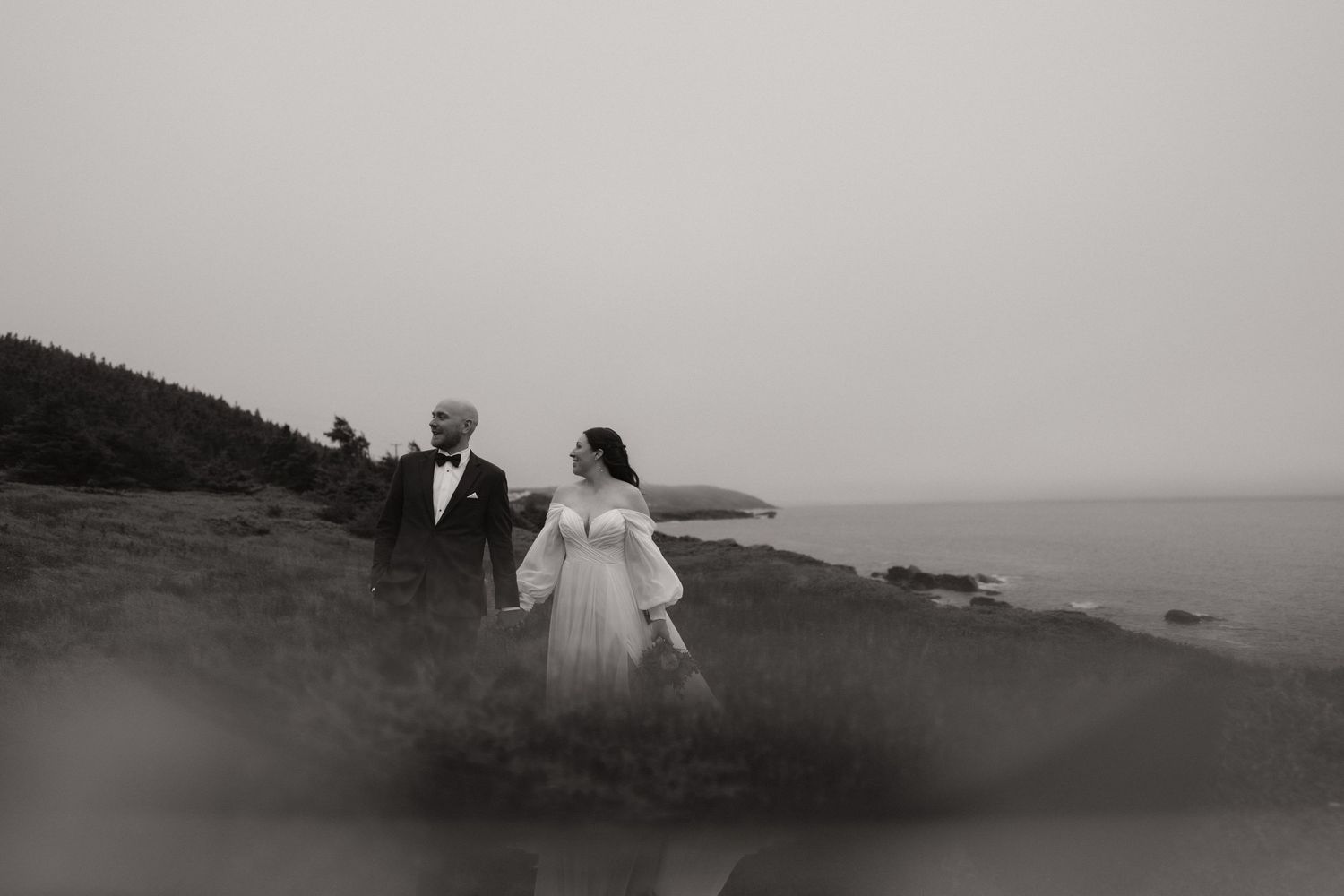 A series of black and white landscape photographs showing a misty coastline with rolling hills and dramatic skies.