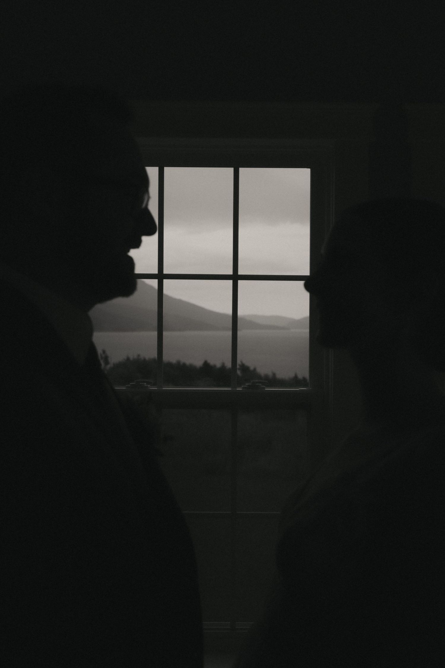 A silhouetted figure gazes through a window at misty mountains in a moody black and white composition.