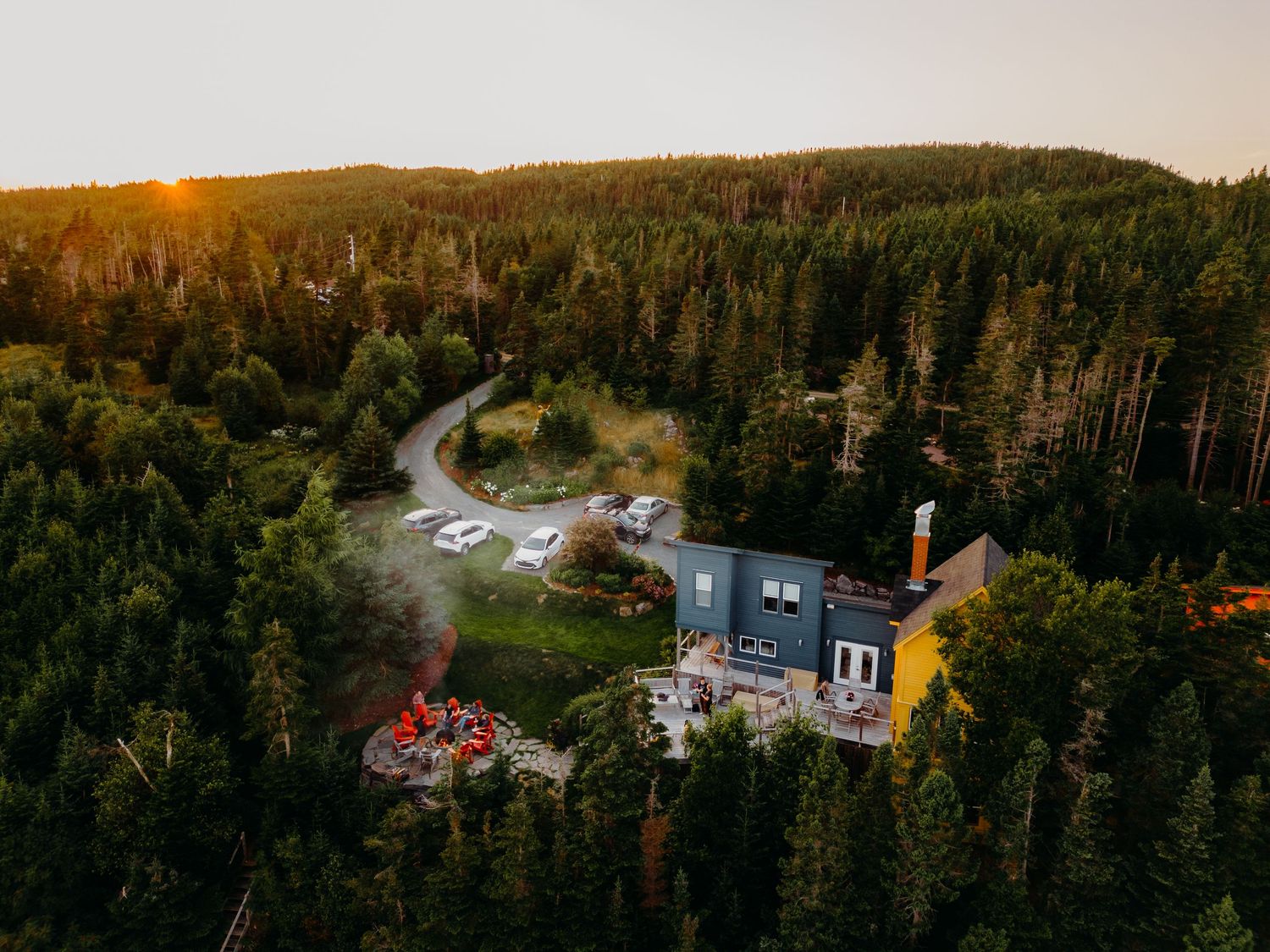 Aerial view of forest landscape with buildings and roads at golden sunset.